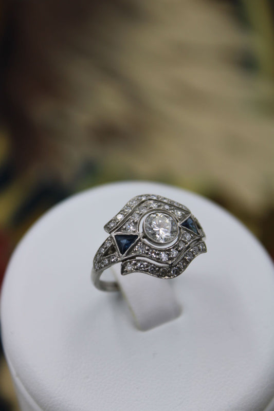 Diamond and Sapphire Demi Bombe Ring Circa 1935 - Robin Haydock Antiques