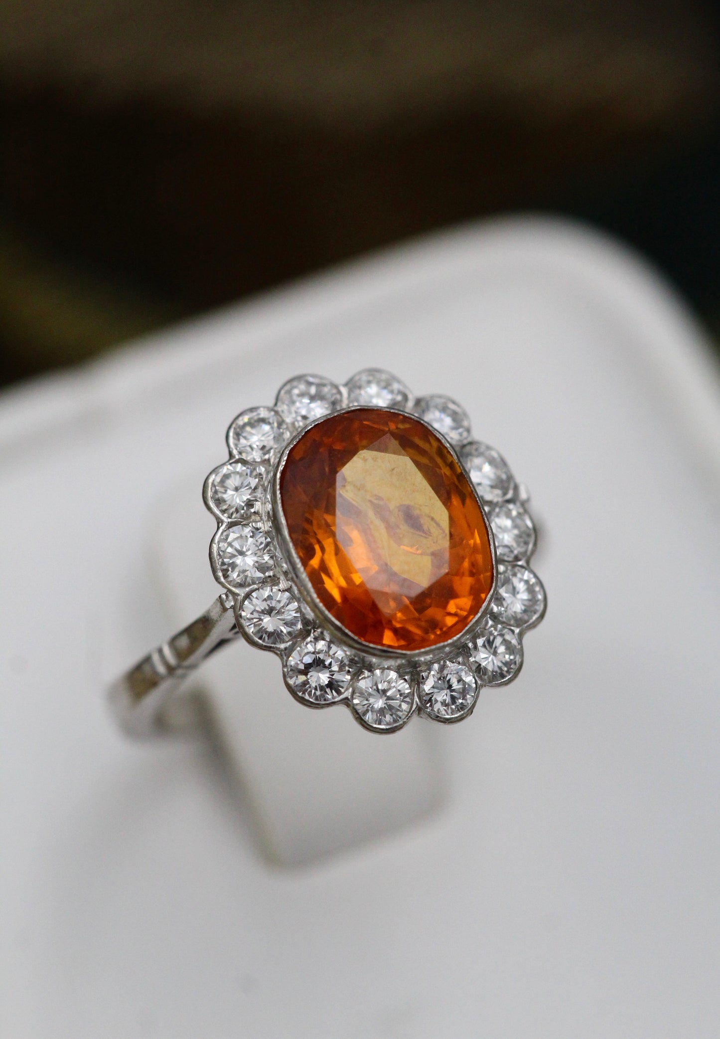 A very fine 18 carat White Gold, Orange Ceylon Sapphire and Diamond Cluster Ring. - Robin Haydock Antiques