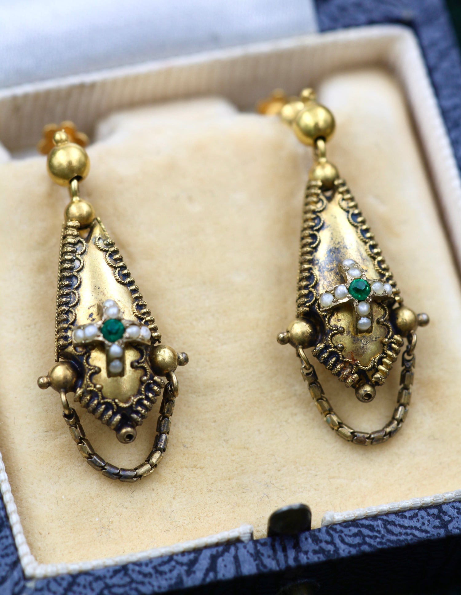 A fine pair of 15 ct. Yellow Gold (tested), Torpedo style Emerald & Seed Pearl Earrings.  Circa 1860 - Robin Haydock Antiques