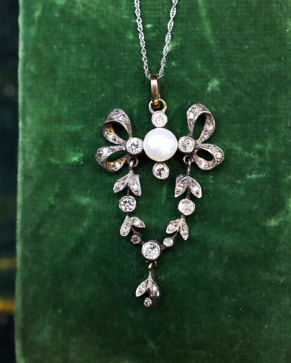 A very fine Antique Edwardian Diamond & Pearl Pendant, English, Circa 1905