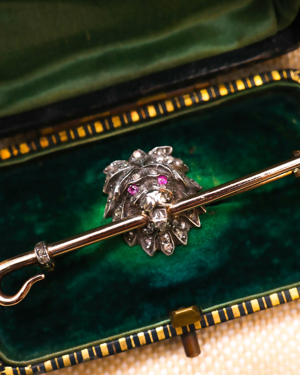 A very fine Antique Diamond & Ruby, Lion Head Stockpin Circa 1880 - Robin Haydock Antique Jewellery