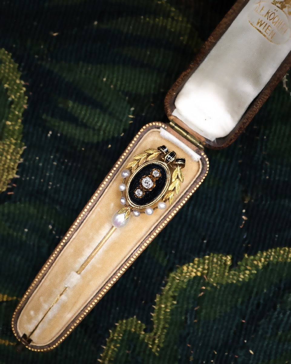 An Extremely Beautiful Antique High Carat Yellow Gold (tested - worn marks) Stick Pin set with Diamonds, Natural Pearls, Black Enamel and Black Onyx. Circa 1880 - Robin Haydock Antique Jewellery
