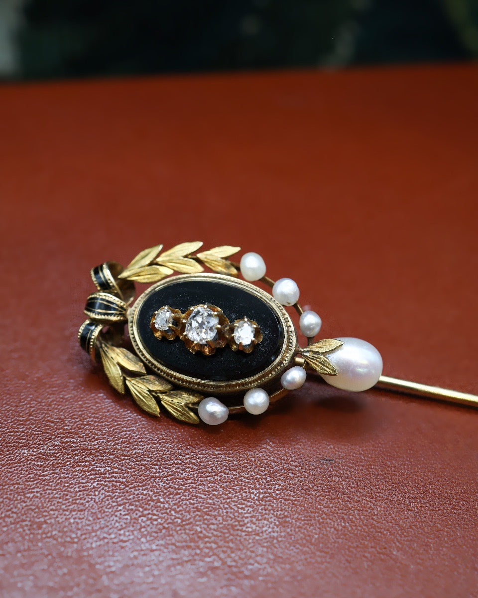 An Extremely Beautiful Antique High Carat Yellow Gold (tested - worn marks) Stick Pin set with Diamonds, Natural Pearls, Black Enamel and Black Onyx. Circa 1880 - Robin Haydock Antique Jewellery