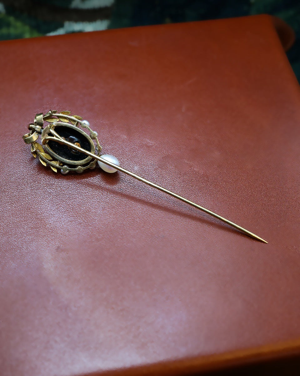 An Extremely Beautiful Antique High Carat Yellow Gold (tested - worn marks) Stick Pin set with Diamonds, Natural Pearls, Black Enamel and Black Onyx. Circa 1880 - Robin Haydock Antique Jewellery