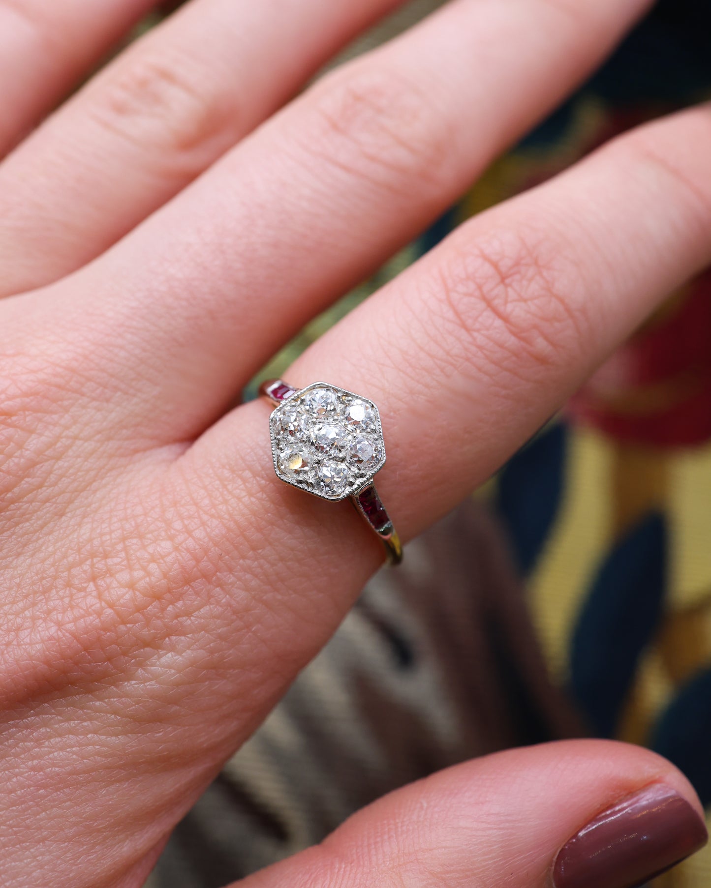 Platinum & 18ct Yellow Gold Diamond & Ruby Hexagon cluster ring, English Circa 1920 - Robin Haydock Antique Jewellery