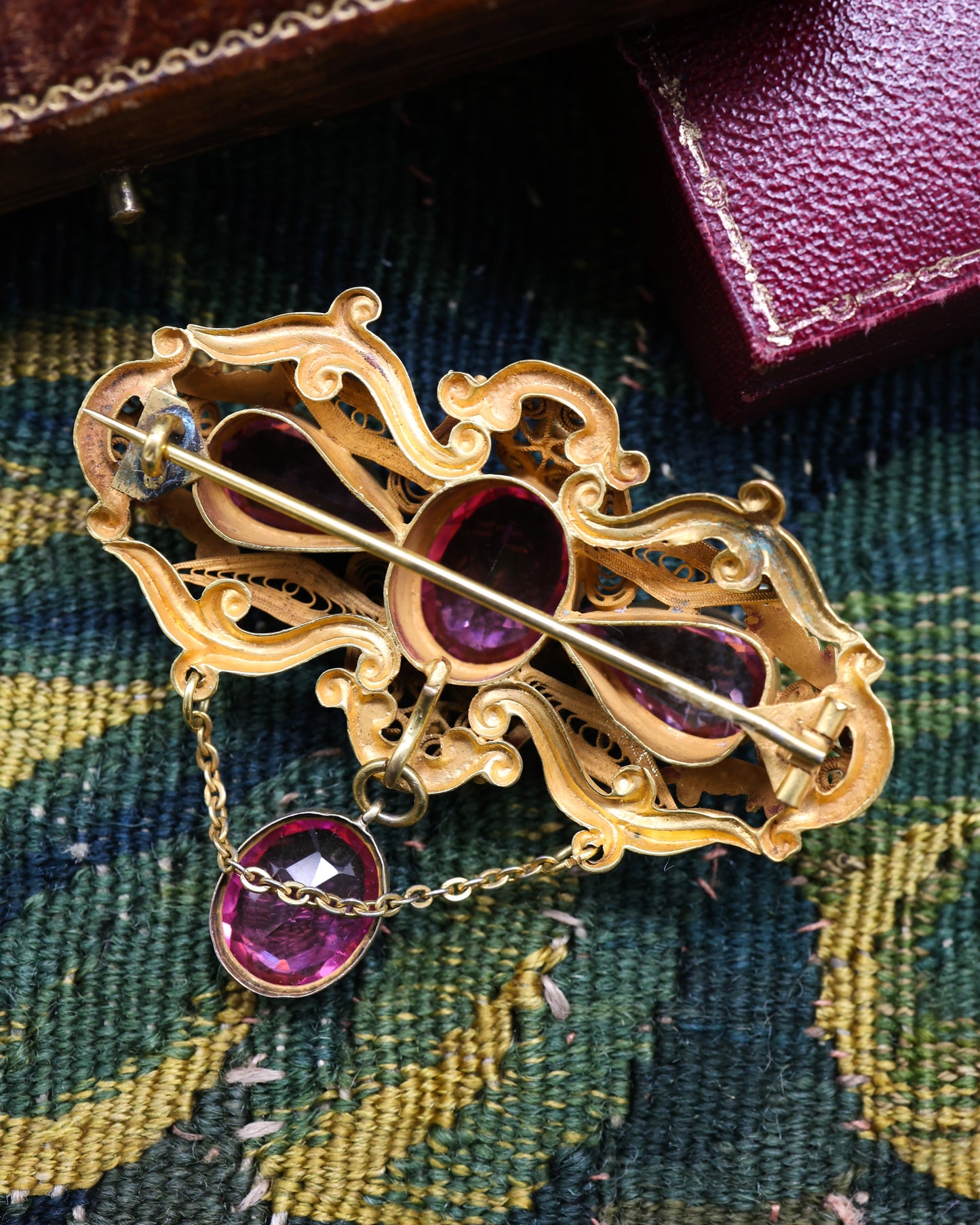 A very beautifully Gilded "Trefoil" style Brooch in the Cannetille style with Pendant Drop and four Pink Paste stones. English Circa Circa 1830 - Robin Haydock Antique Jewellery