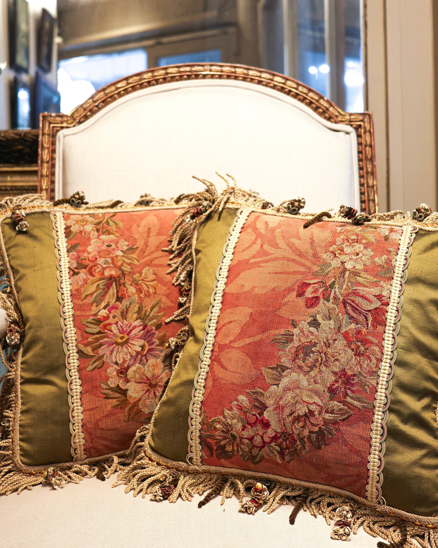 A pair of finely woven Beauvais Silk & Wool Hand-woven Antique Tapestry Panels. Presented as a pair of fine cushions. Mid -  Late 19th Century - Robin Haydock Antiques