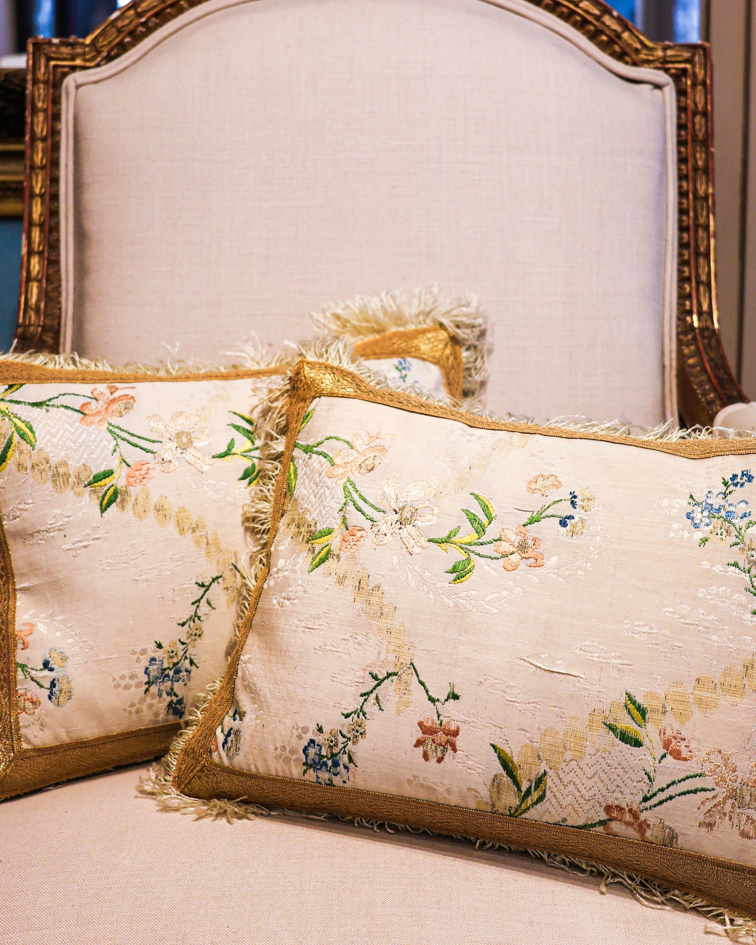 An extremely fine pair of French, Hand-Woven Silk Brocade panels with Silver Gilt Relief, presented as a pair of cushions. Panels Circa 1760. - Robin Haydock Antiques
