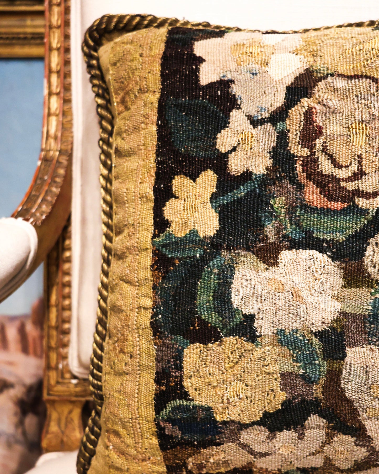 A panel of late 17th Century Hand-Woven Silk and Wool Tapestry, edged in Henry Newbury Gilt Braid and Vintage Gilt Rope Cord. Panel: Flemish. Circa 1660.
