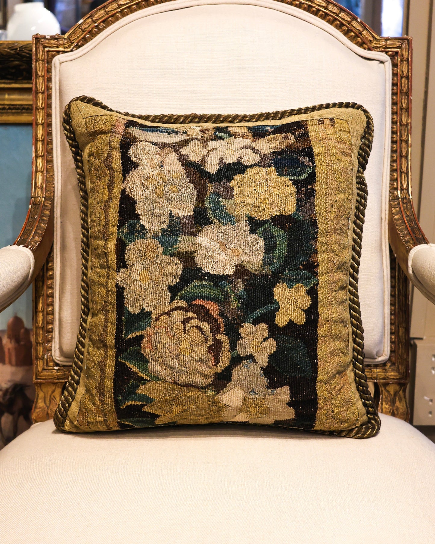 A panel of late 17th Century Hand-Woven Silk and Wool Tapestry, edged in Henry Newbury Gilt Braid and Vintage Gilt Rope Cord. Panel: Flemish. Circa 1660.