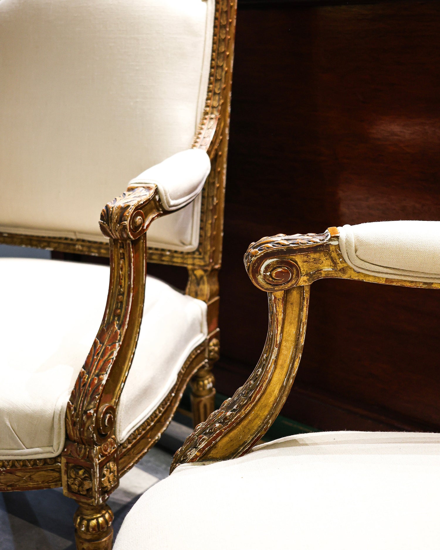 A handsome pair of late 19th century (Circa.1870), Antique carved giltwood fauteils in the style of Georges Jacob - Robin Haydock Antiques
