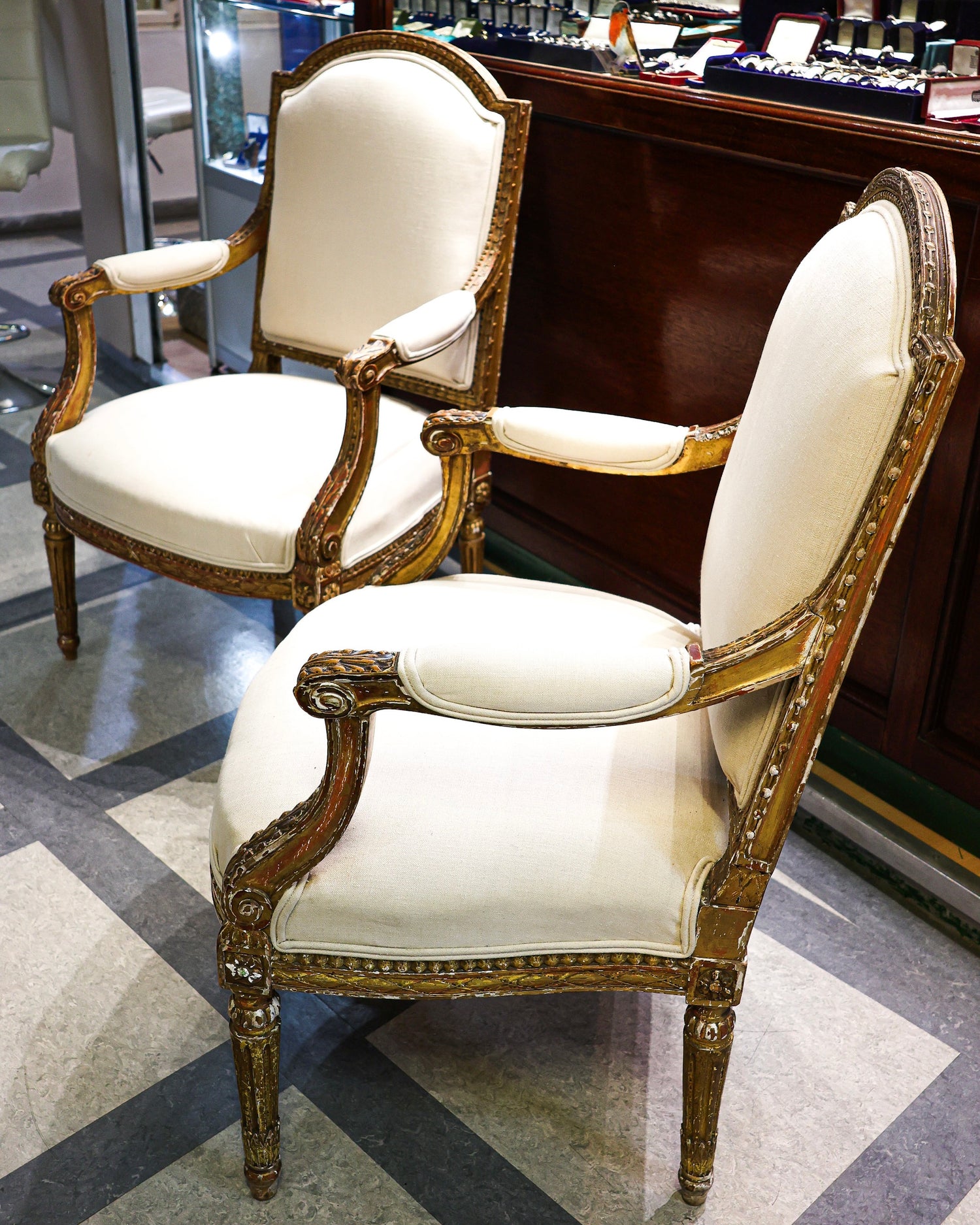 A handsome pair of late 19th century (Circa.1870), Antique carved giltwood fauteils in the style of Georges Jacob - Robin Haydock Antiques