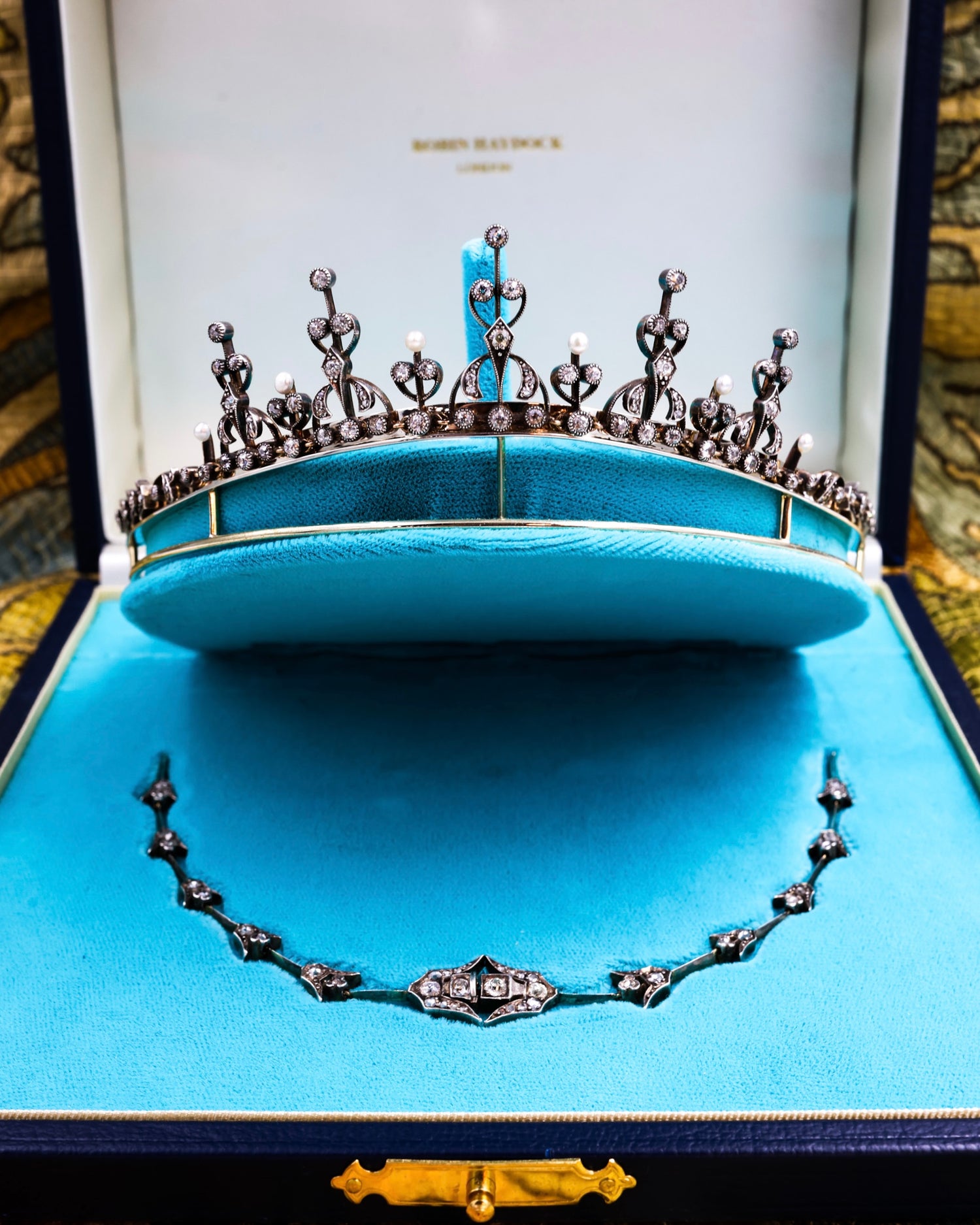 A very fine Diamond and Natural Pearl Tiara / Necklace, on Silver tipped 18 ct. Gold (marked), set throughout with 142 Old Mine Cut Diamonds and six Natural Pearls. Belle Époque,  French Circa 1890 - Robin Haydock Antique Jewellery