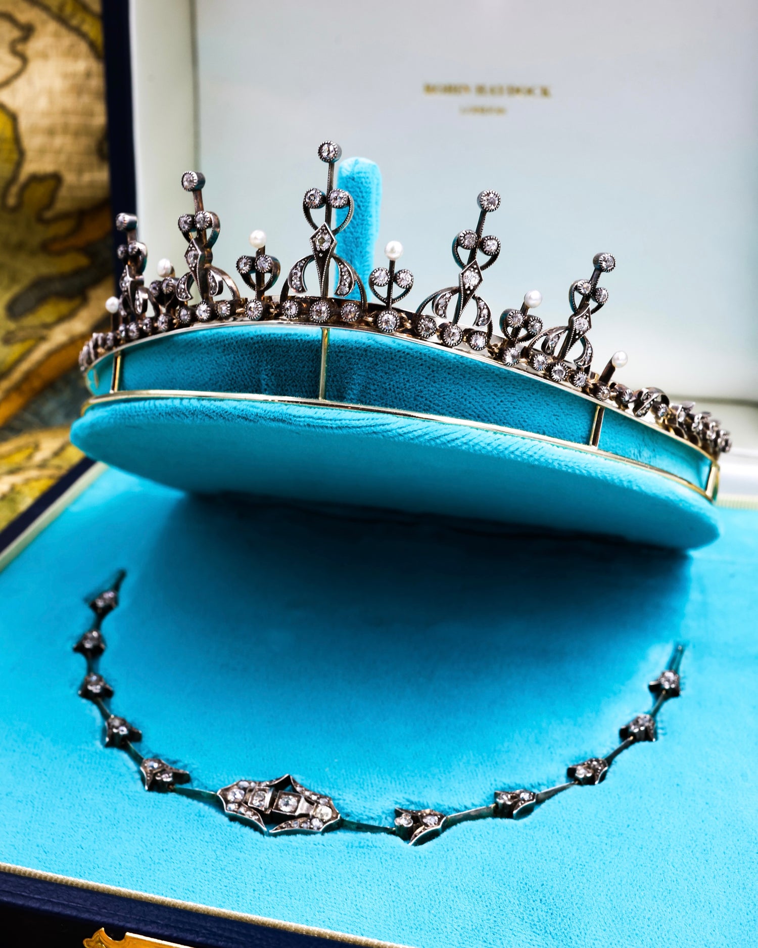 A very fine Diamond and Natural Pearl Tiara / Necklace, on Silver tipped 18 ct. Gold (marked), set throughout with 142 Old Mine Cut Diamonds and six Natural Pearls. Belle Époque,  French Circa 1890 - Robin Haydock Antique Jewellery