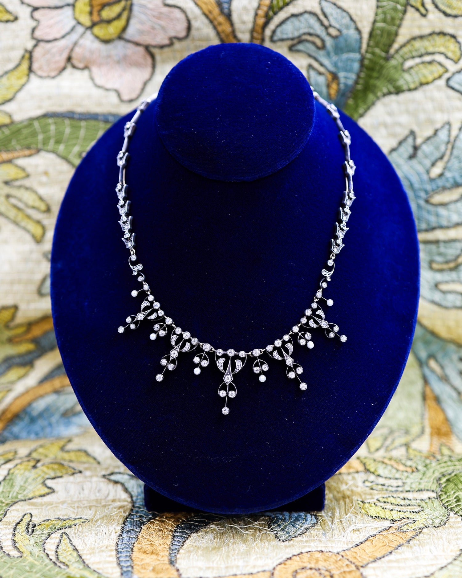 A very fine Diamond and Natural Pearl Tiara / Necklace, on Silver tipped 18 ct. Gold (marked), set throughout with 142 Old Mine Cut Diamonds and six Natural Pearls. Belle Époque,  French Circa 1890 - Robin Haydock Antique Jewellery