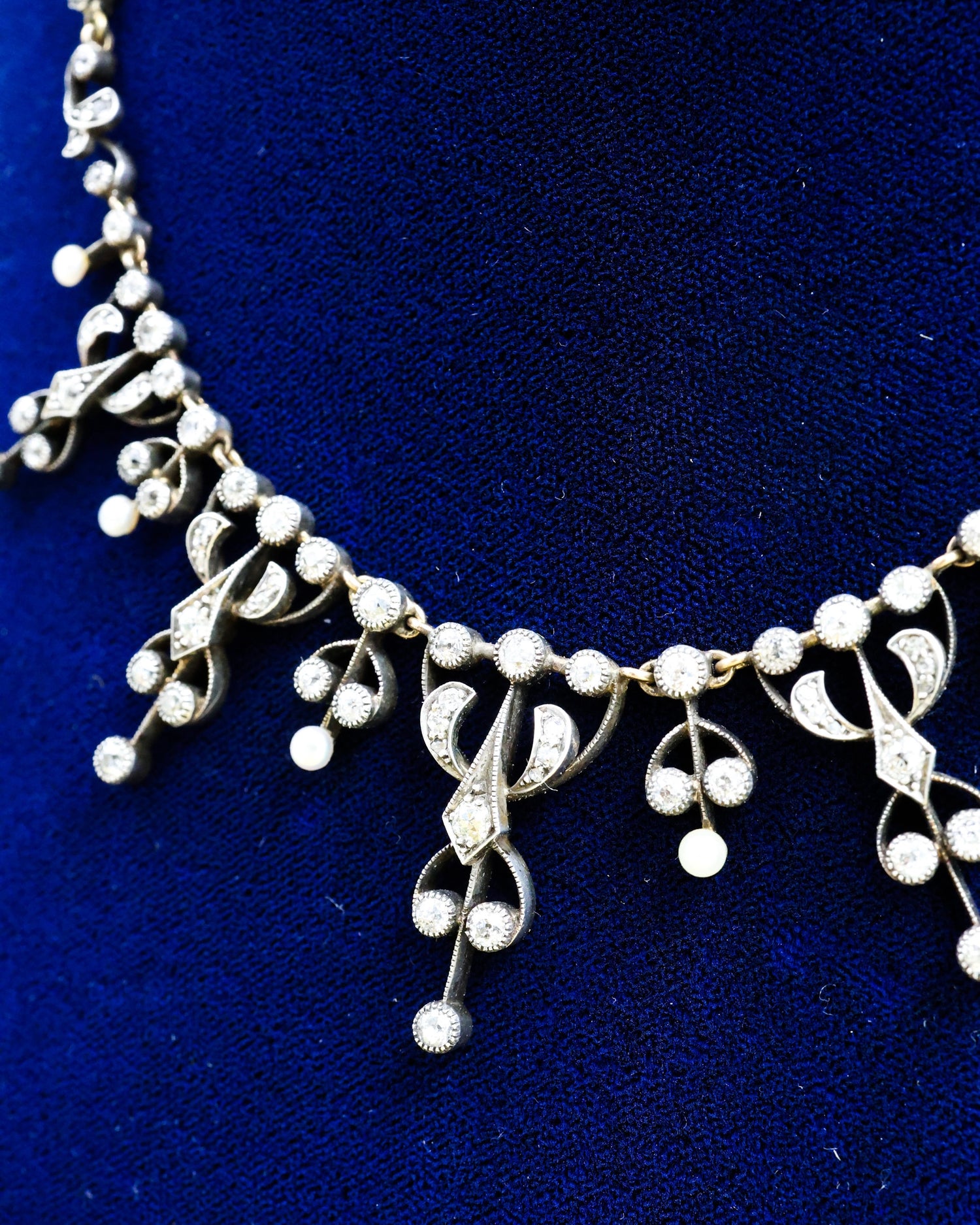 A very fine Diamond and Natural Pearl Tiara / Necklace, on Silver tipped 18 ct. Gold (marked), set throughout with 142 Old Mine Cut Diamonds and six Natural Pearls. Belle Époque,  French Circa 1890 - Robin Haydock Antique Jewellery