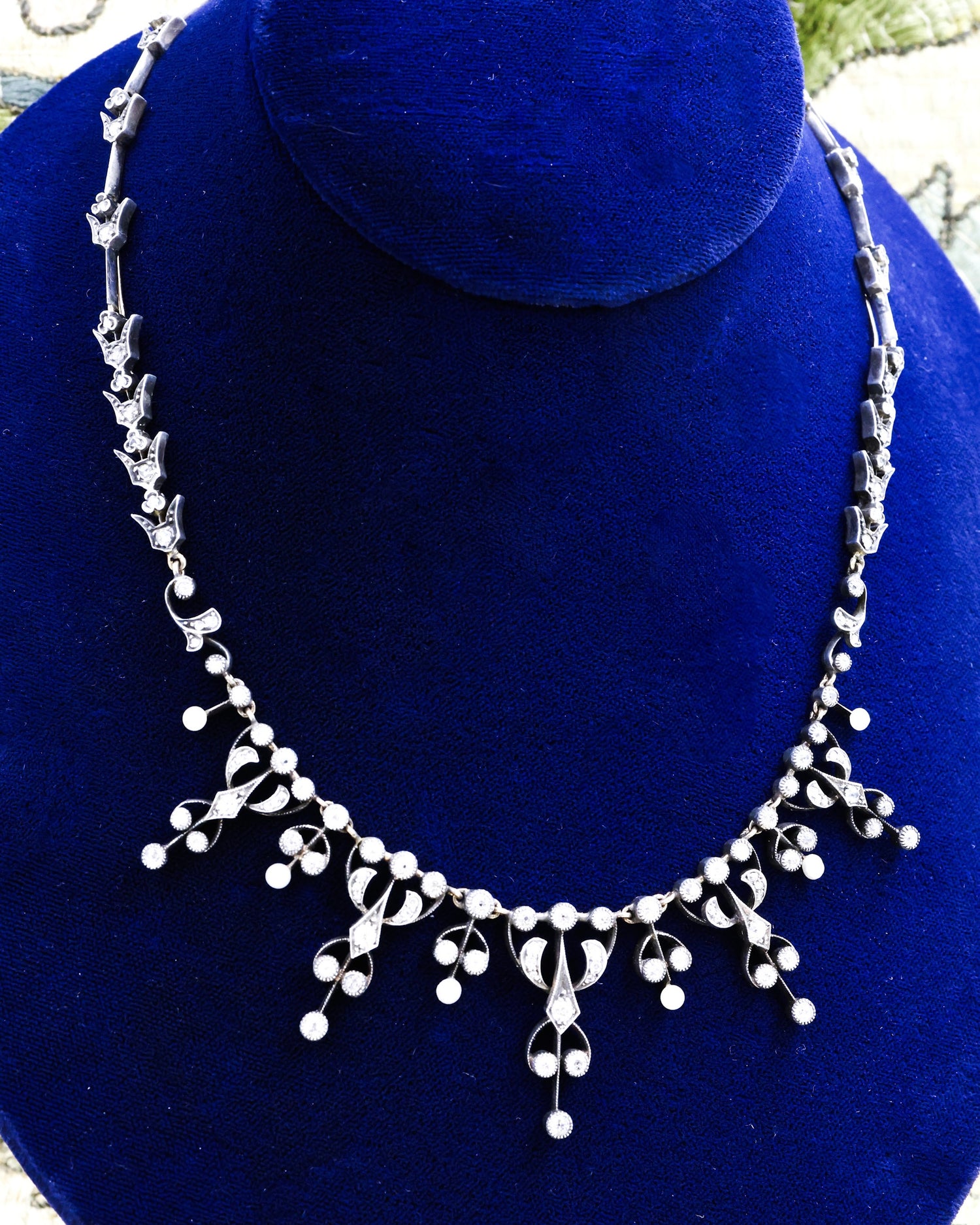 A very fine Diamond and Natural Pearl Tiara / Necklace, on Silver tipped 18 ct. Gold (marked), set throughout with 142 Old Mine Cut Diamonds and six Natural Pearls. Belle Époque,  French Circa 1890 - Robin Haydock Antique Jewellery
