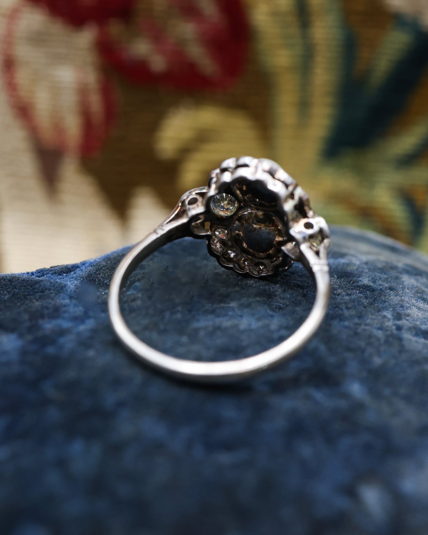 A very fine 18 Carat Gold and Platinum, Natural Salt Water "Button" Pearl and Diamond Ring in the Edwardian Style. English. Circa 1910