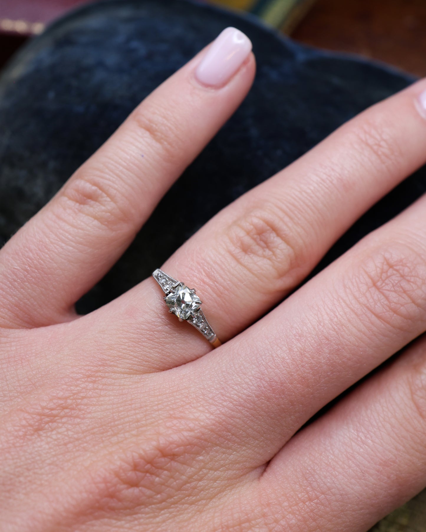 A very fine 18ct Yellow Gold & Platinum 0.50 Carat Old Cushion Cut Diamond Solitaire Ring. Circa 1920 - Robin Haydock Antique Jewellery