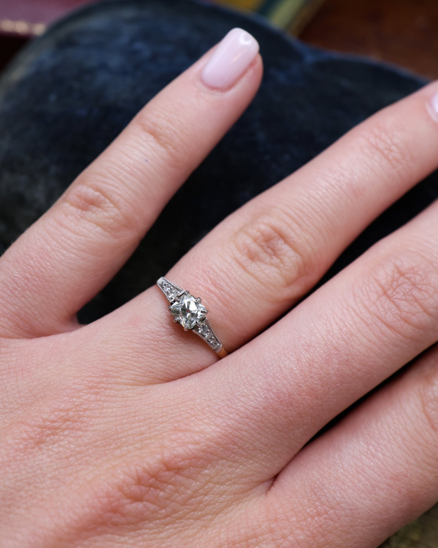 A very fine 18ct Yellow Gold & Platinum 0.50 Carat Old Cushion Cut  Diamond Solitaire Ring. Circa 1920 - Robin Haydock Antique Jewellery