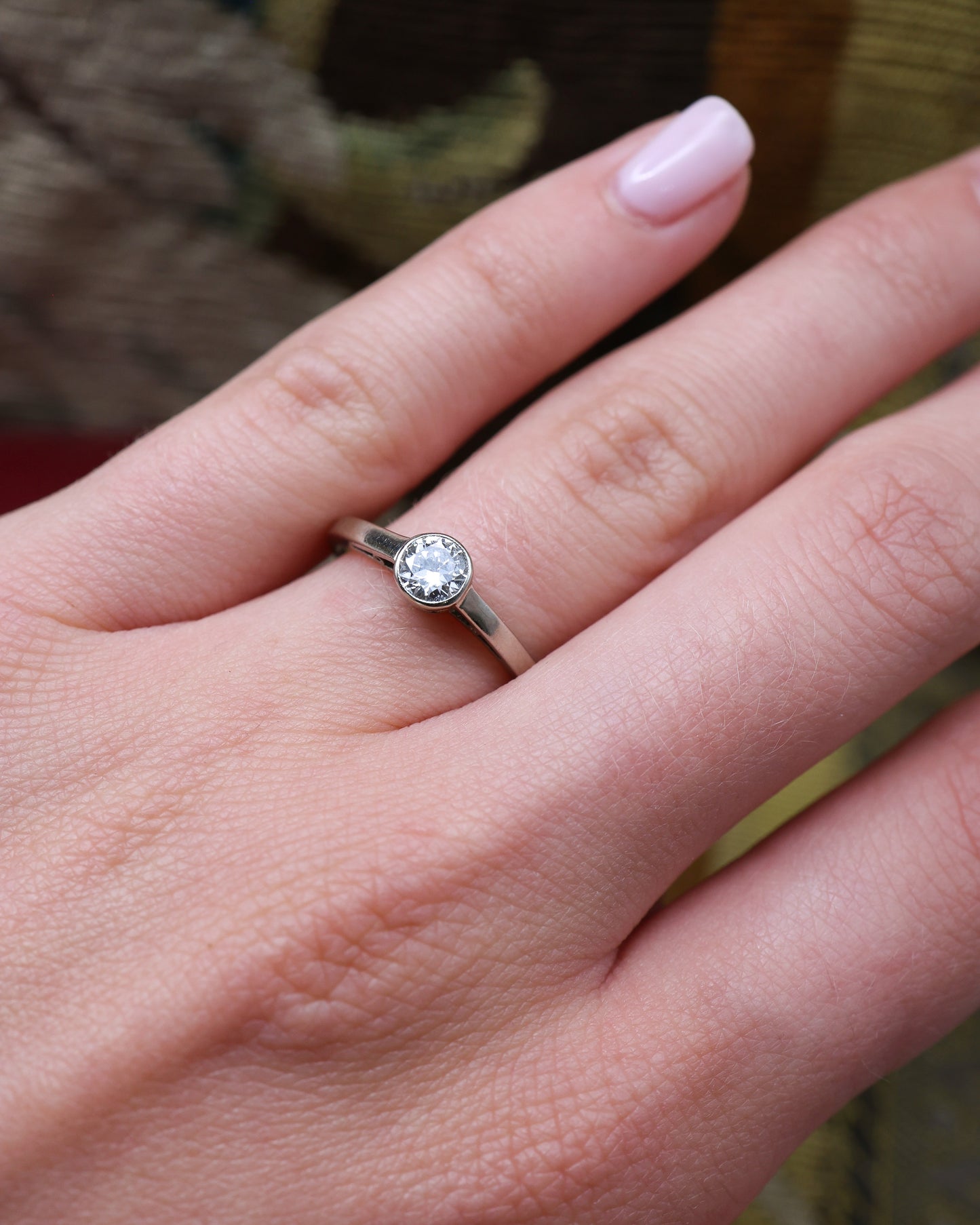 A very fine 14 ct White Gold (marked) Diamond Solitaire Ring, centrally "Rub Over Set" with one "Old Round Cut" Diamond of approximately 0.30 Carats. Circa 1960 - Robin Haydock Antique Jewellery