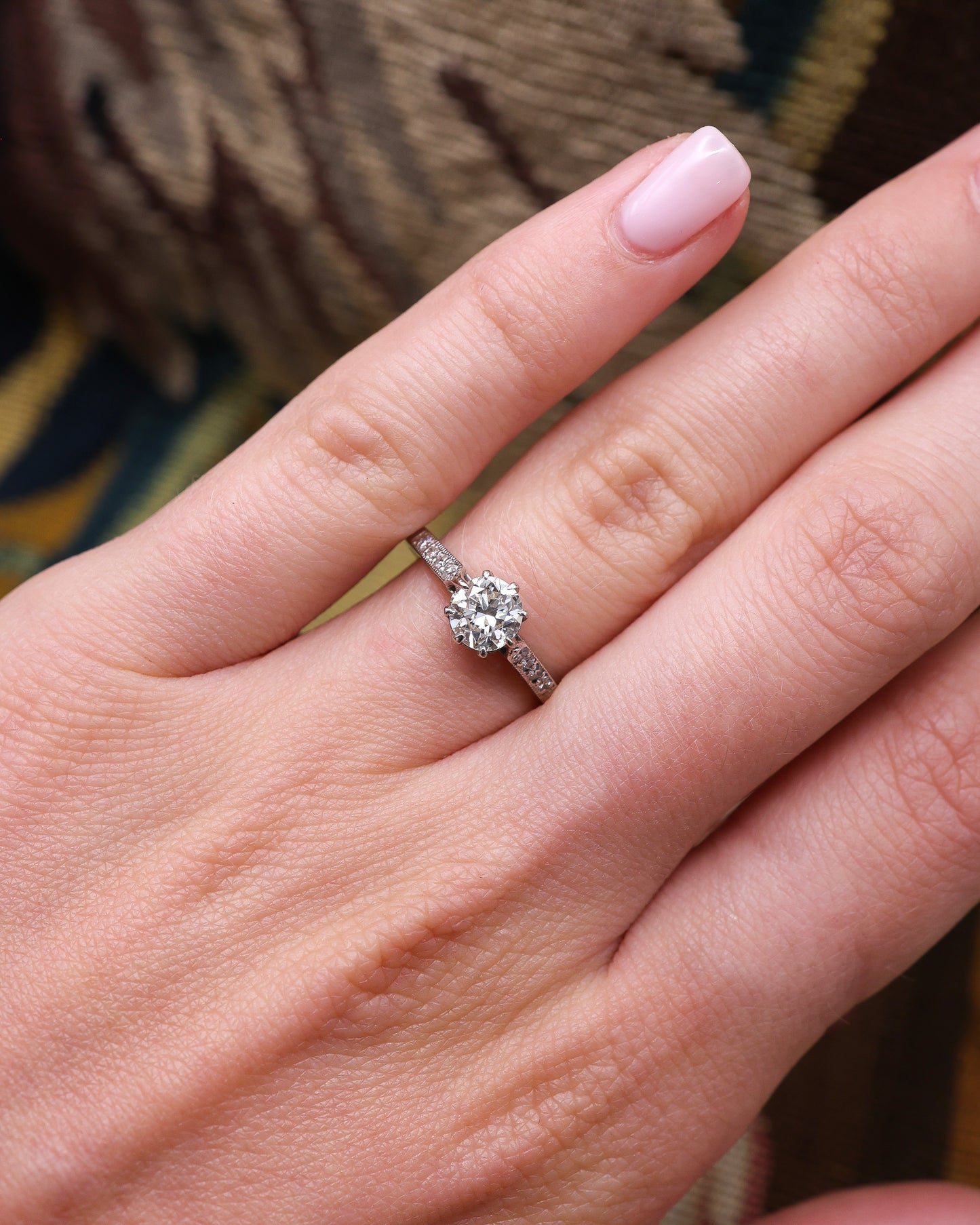A very fine 18ct White Gold, 0.70 Carat, Old European Cut Diamond Solitaire Ring. Circa 1945 - Robin Haydock Antique Jewellery