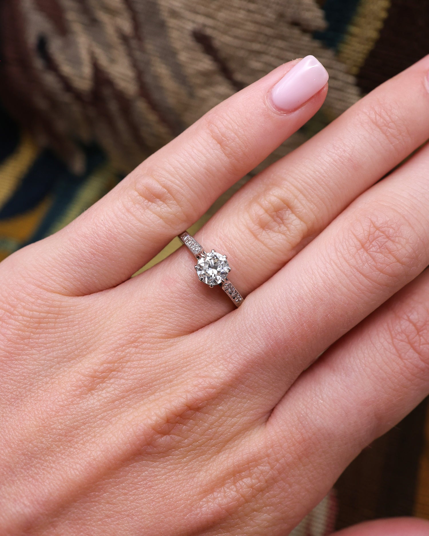 A very fine 18ct White Gold, 0.70 Carat, Old European Cut  Diamond Solitaire Ring. Circa 1945 - Robin Haydock Antique Jewellery