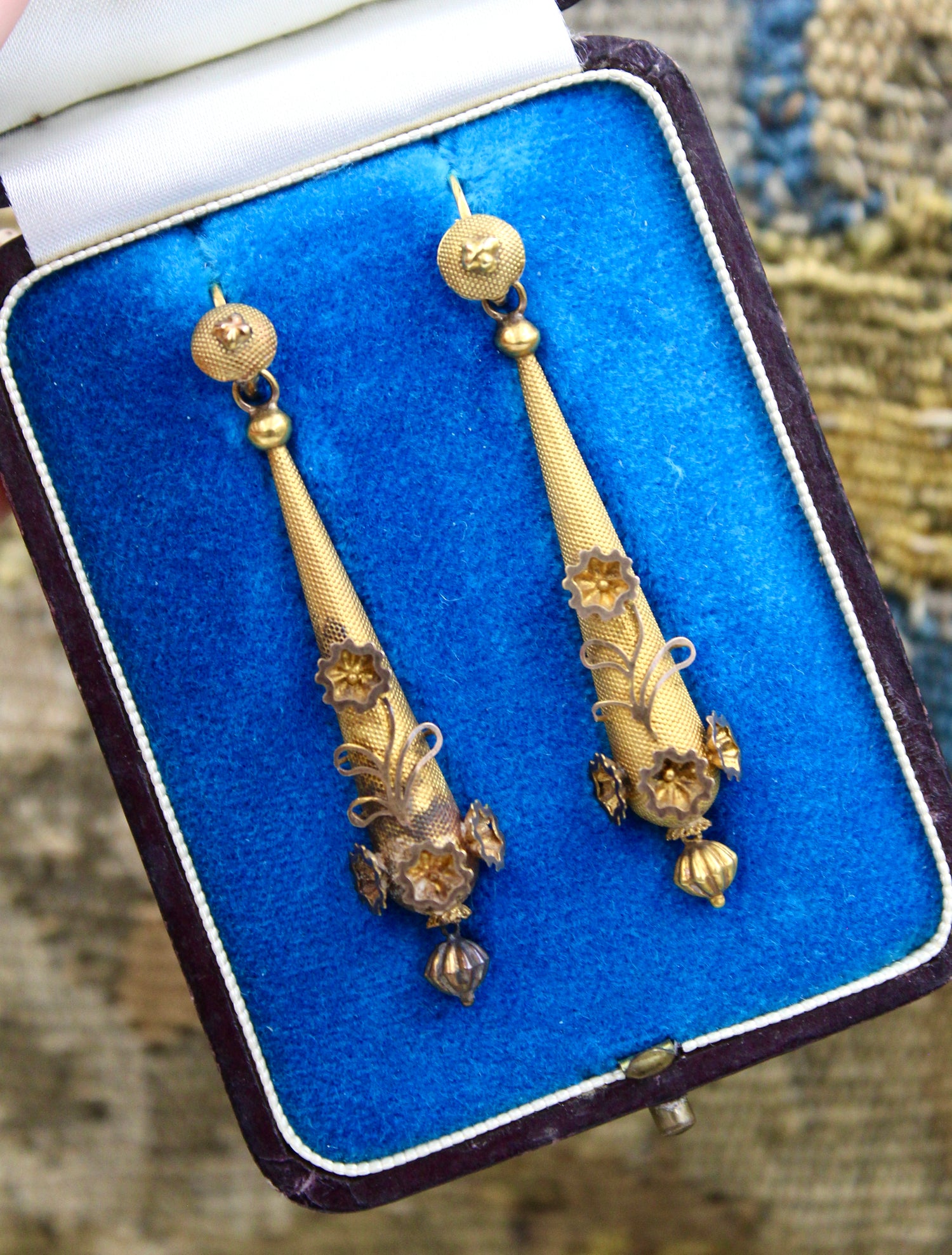 High Carat Yellow Gold Georgian Torpedo Floral  Earrings Circa 1800 - Robin Haydock Antiques