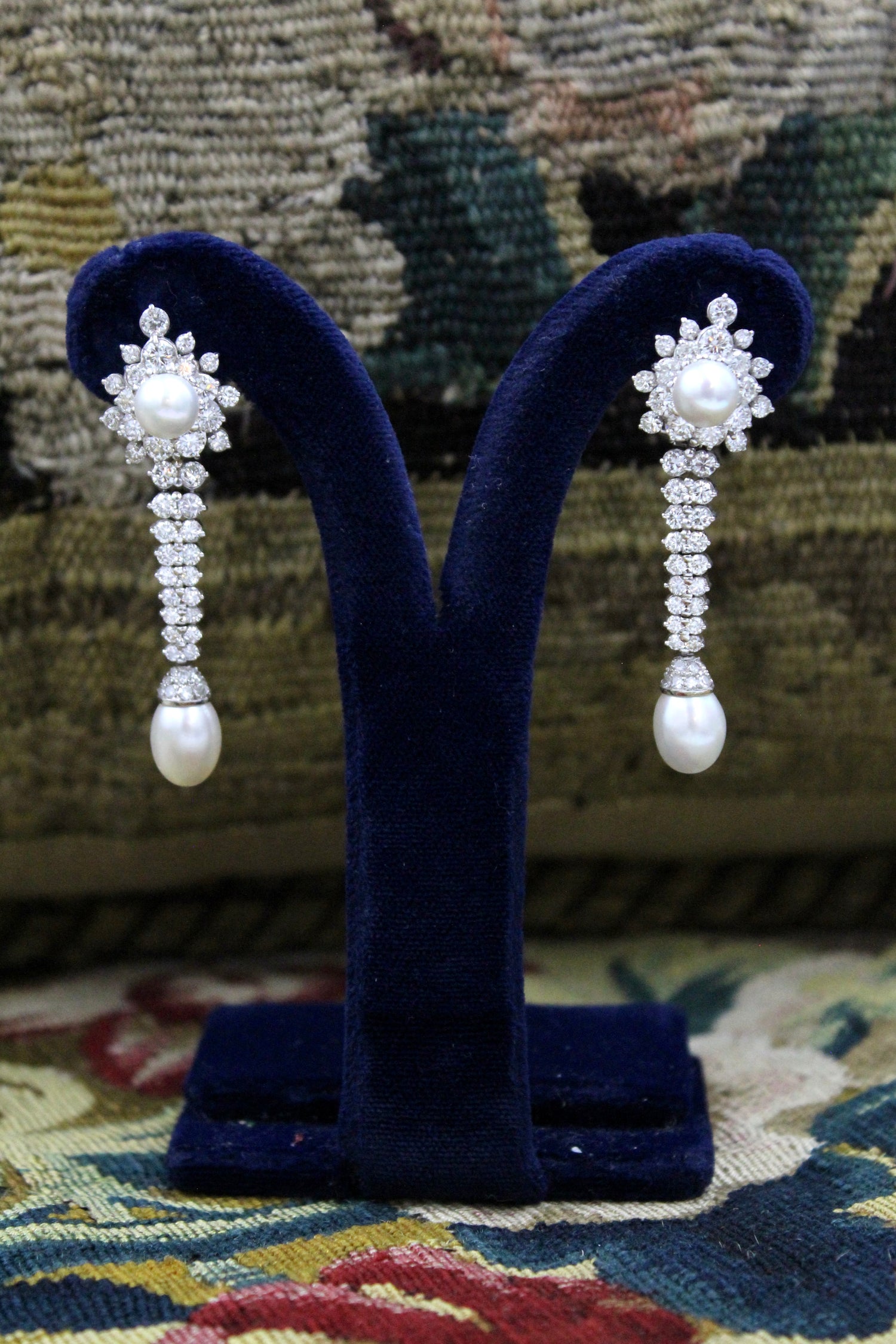 An Exquisite Pair of Cultured Pearl & Diamond Drop Earrings, Circa 1950. - Robin Haydock Antiques