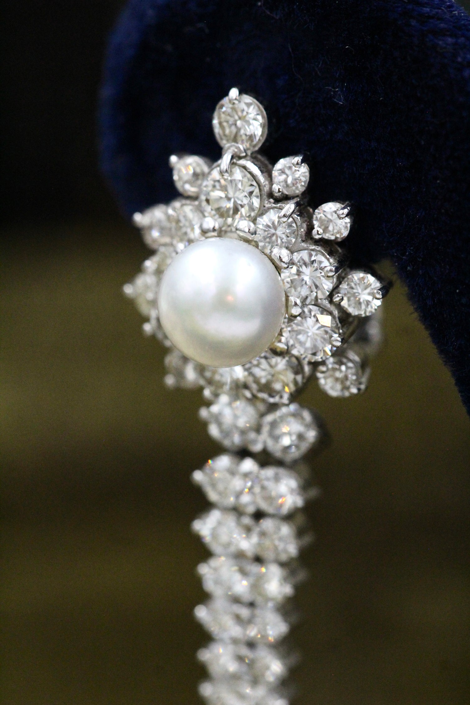 An Exquisite Pair of Cultured Pearl & Diamond Drop Earrings, Circa 1950. - Robin Haydock Antiques