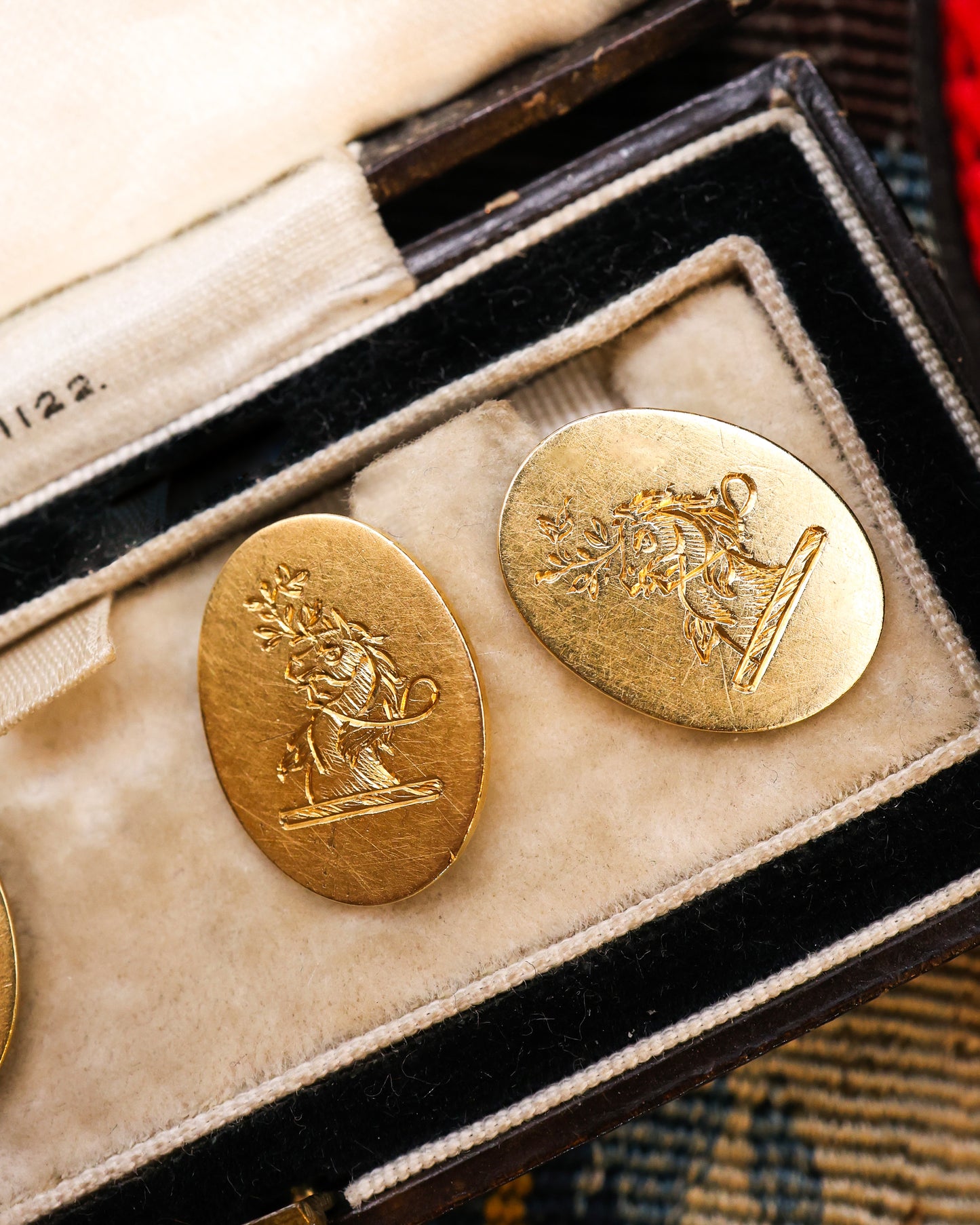 A beautiful pair of 18 Carat Yellow Gold "Heraldic Sypher" Engraved  Cuff links. Circa 1900 - Robin Haydock Antique Jewellery