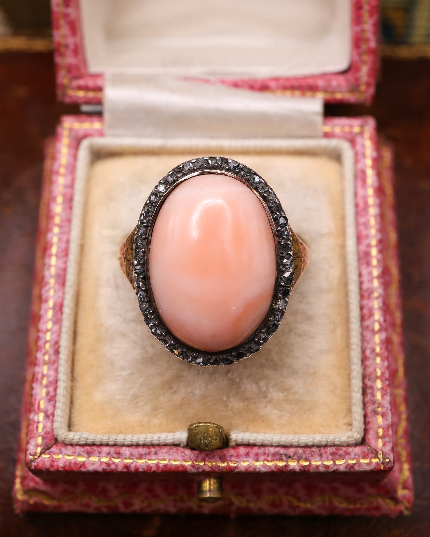 Oval Coral and Eight Cut Diamond Cluster Ring Circa 1790 - Robin Haydock Antique Jewellery