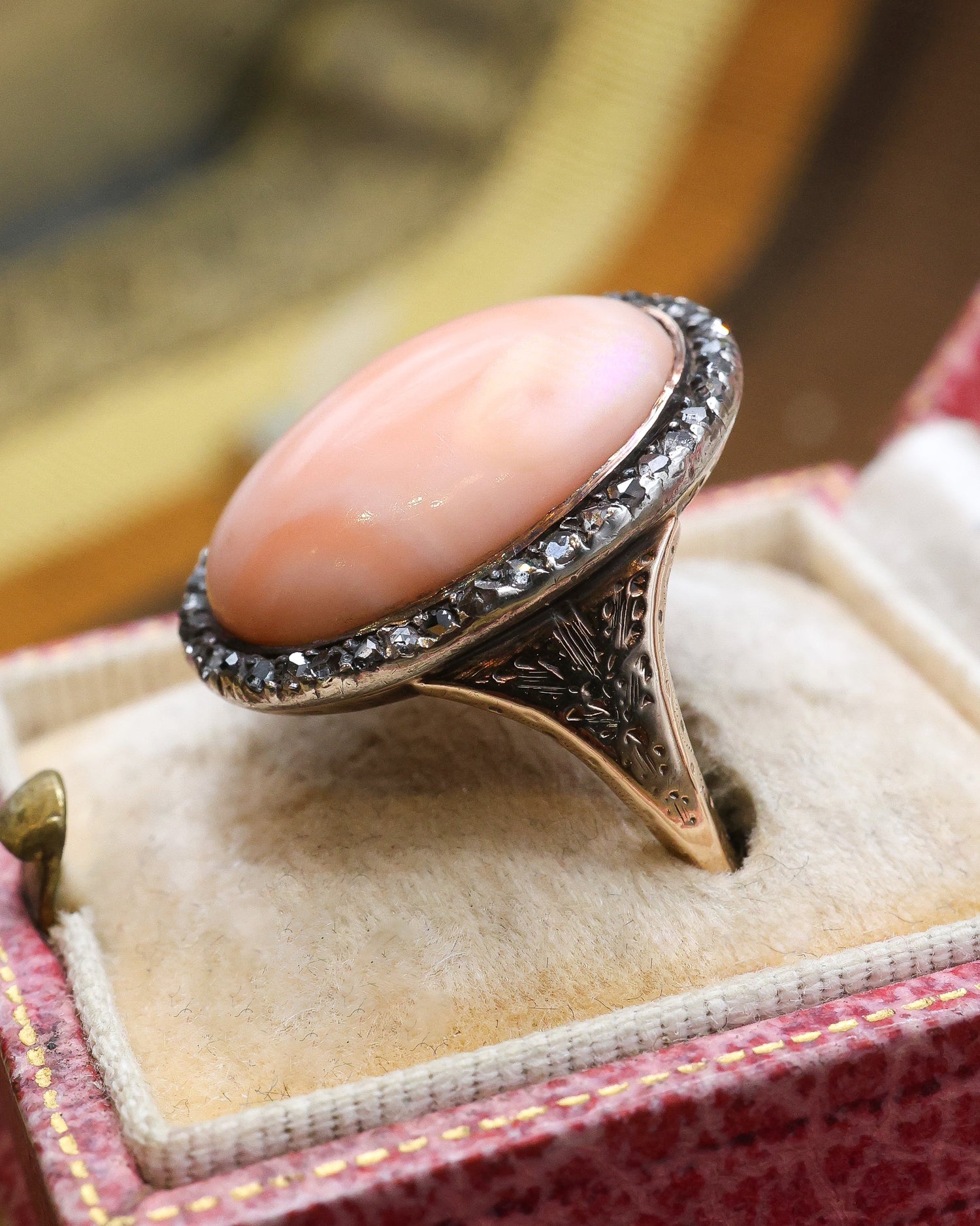 Oval Coral and Eight Cut Diamond Cluster Ring Circa 1790 - Robin Haydock Antique Jewellery