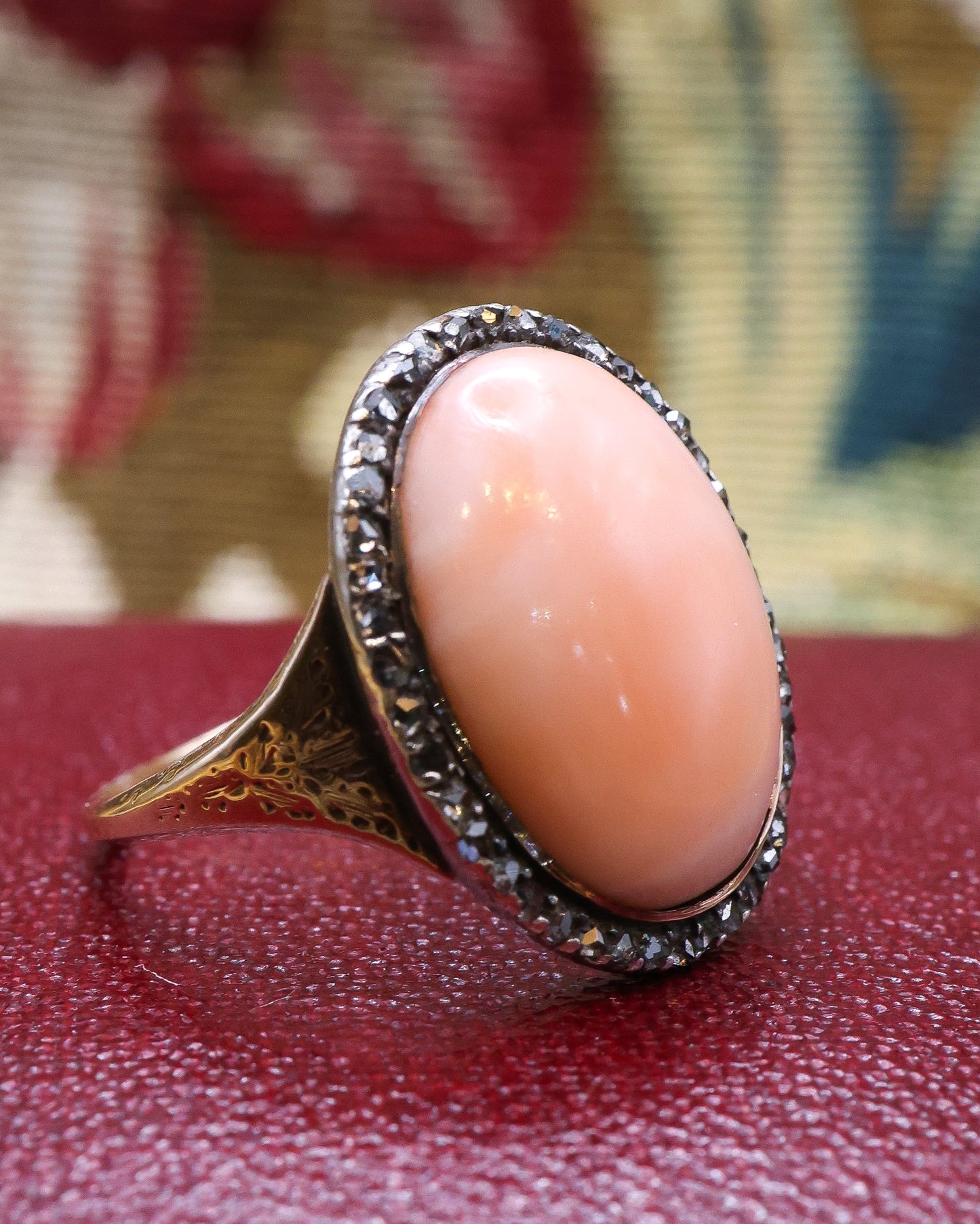 Oval Coral and Eight Cut Diamond Cluster Ring Circa 1790 - Robin Haydock Antique Jewellery