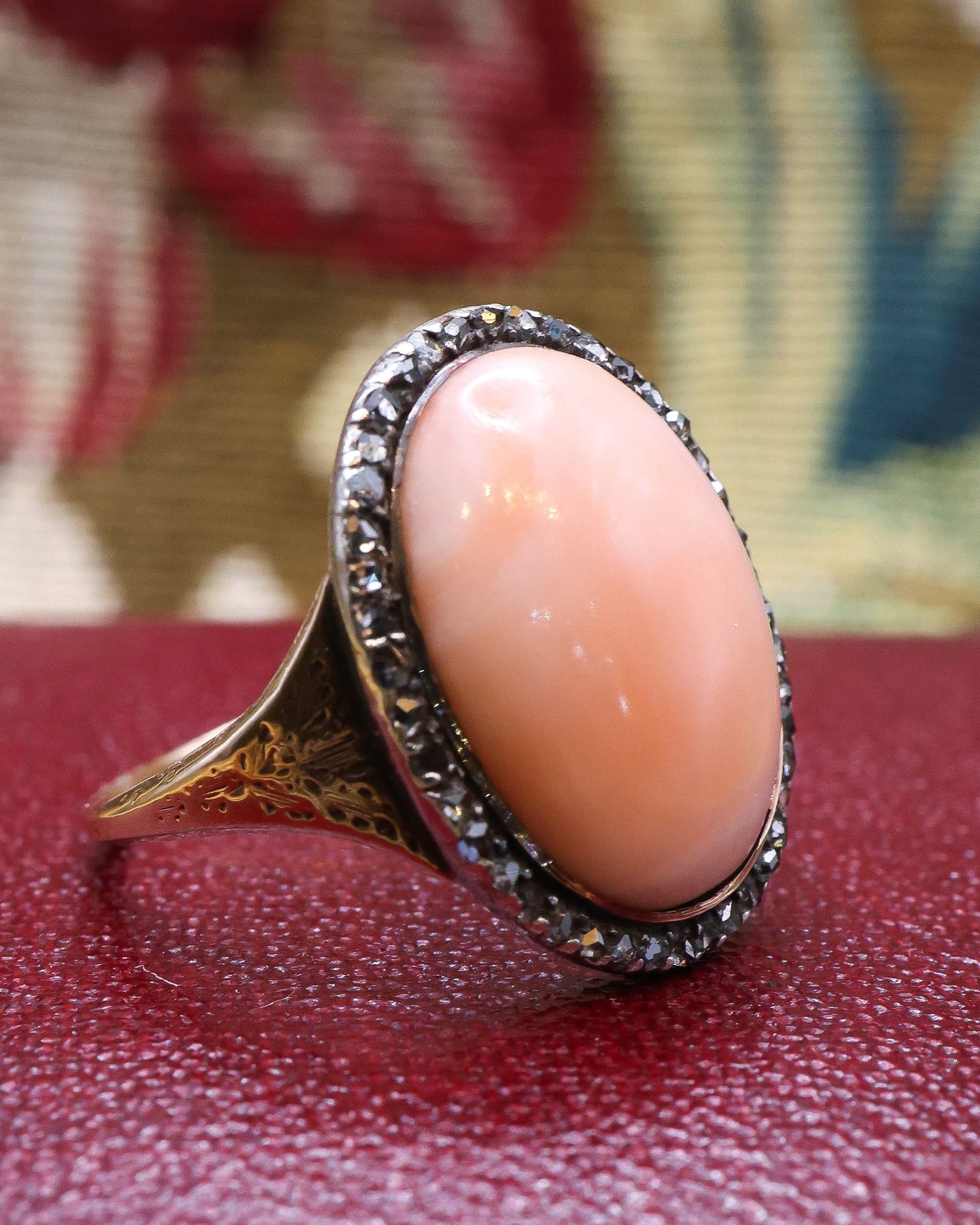 Oval Coral and Eight Cut Diamond Cluster Ring Circa 1790 - Robin Haydock Antique Jewellery
