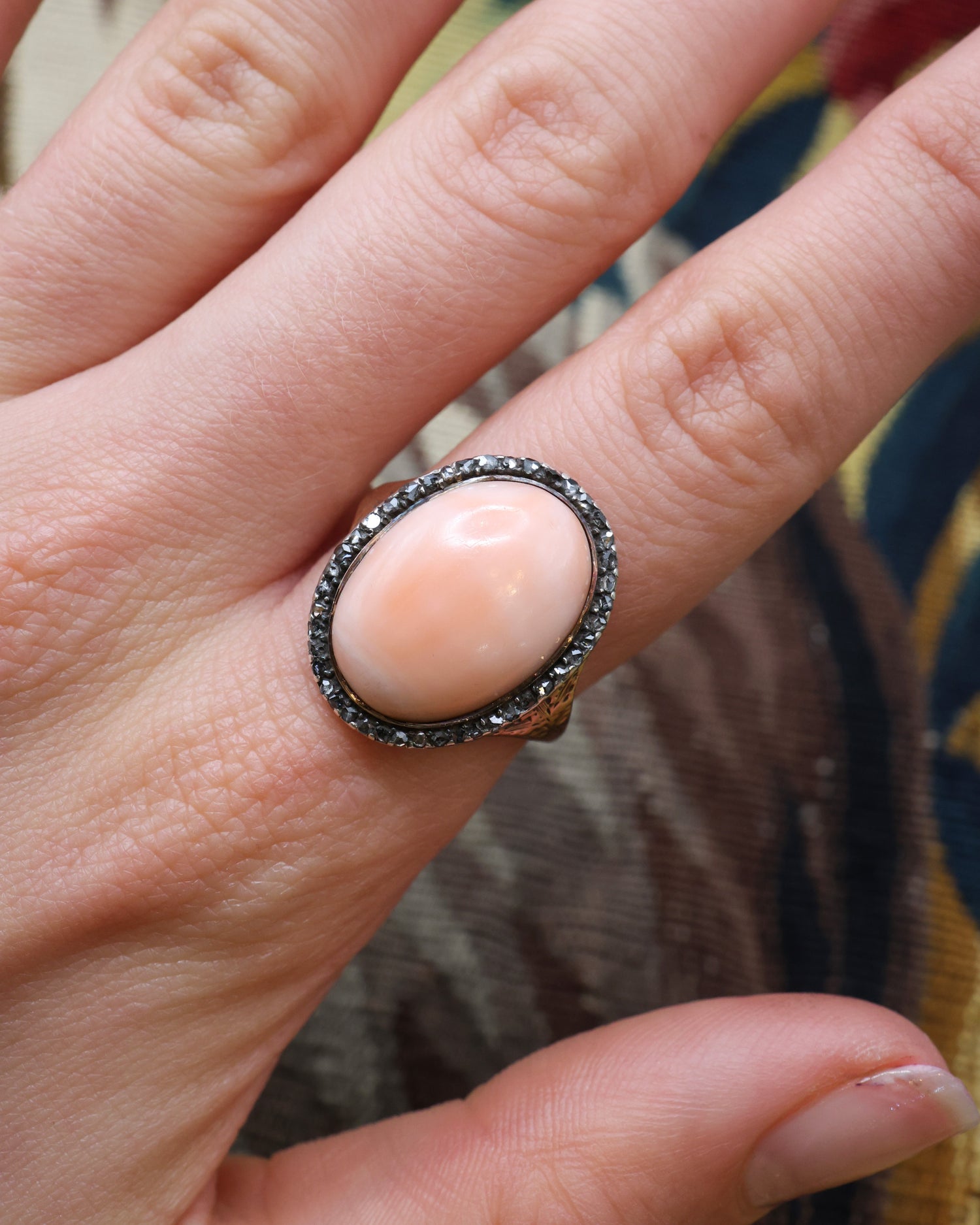 Oval Coral and Eight Cut Diamond Cluster Ring Circa 1790 - Robin Haydock Antique Jewellery
