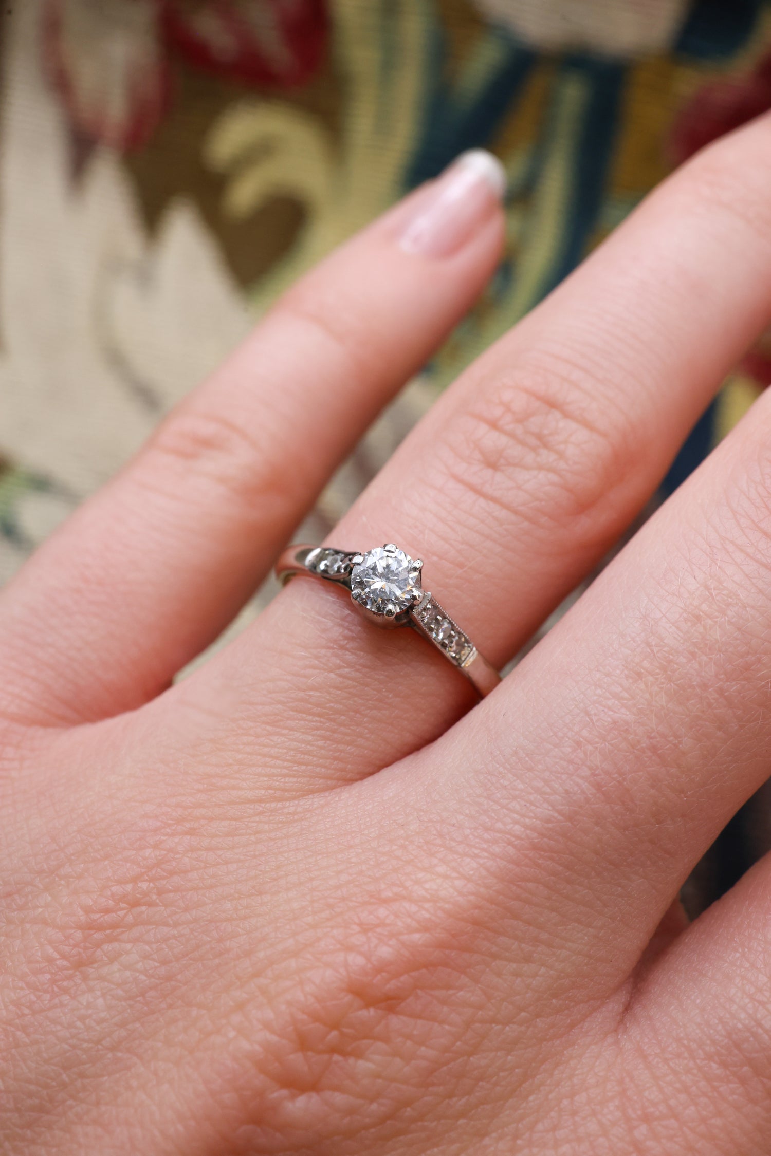 A very fine 18 ct, Yellow Gold (marked), Platinum tipped Diamond Solitaire Ring, with Eight Cut Diamond set shoulders (six in total) . Circa 1955 - Robin Haydock Antique Jewellery
