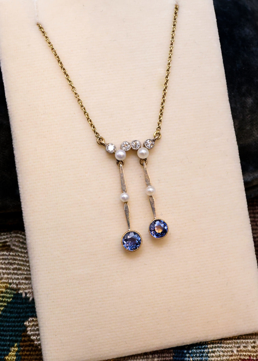 Montana Sapphire, Pearl and Diamond Double Drop Pendant Circa 1915 - Robin Haydock Antiques