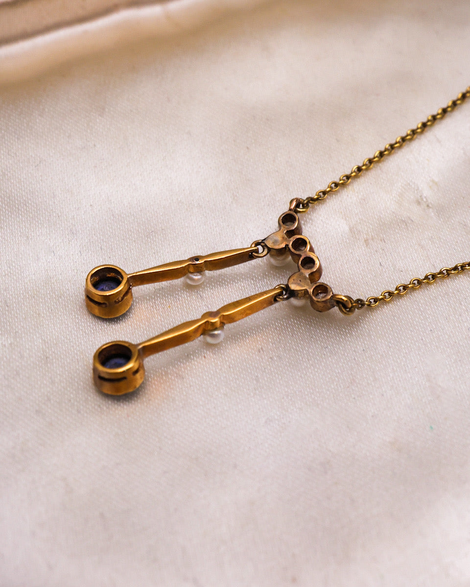 Montana Sapphire, Pearl and Diamond Double Drop Pendant Circa 1915 - Robin Haydock Antiques