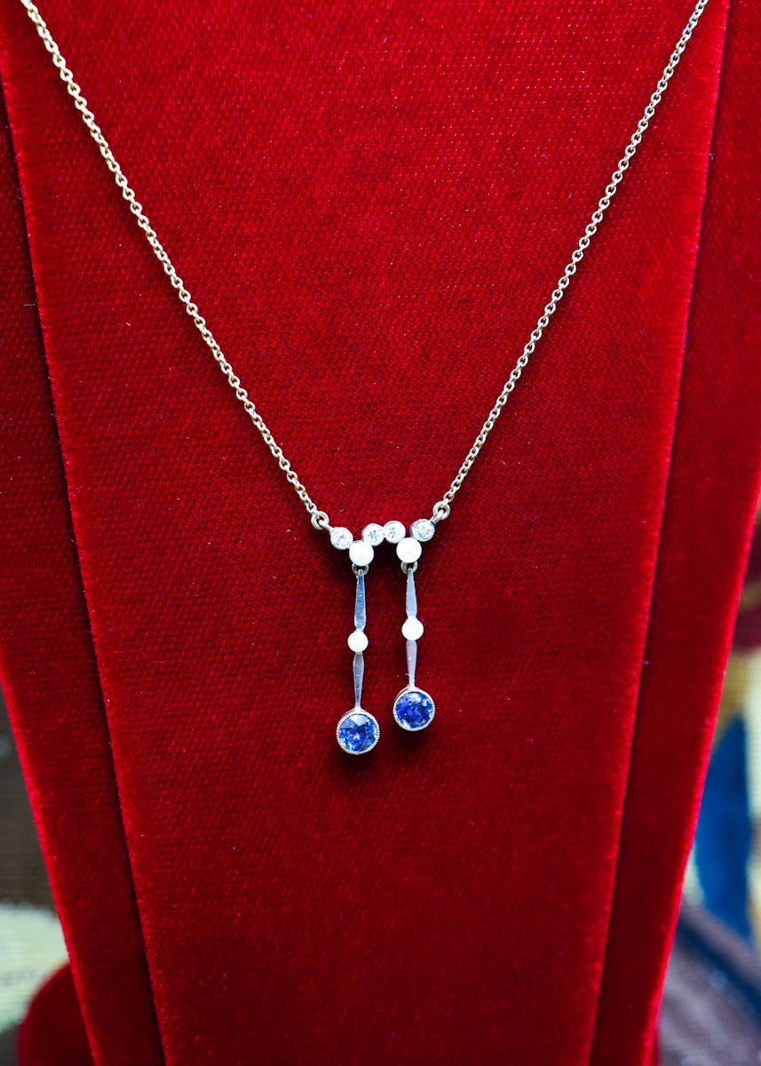 Montana Sapphire, Pearl and Diamond Double Drop Pendant Circa 1915 - Robin Haydock Antiques