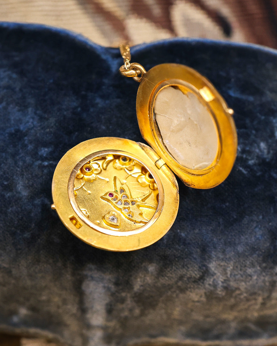 Ruby and Diamond Swallow, Heart and Flower Locket - H/C Circa 1880 - Robin Haydock Antiques