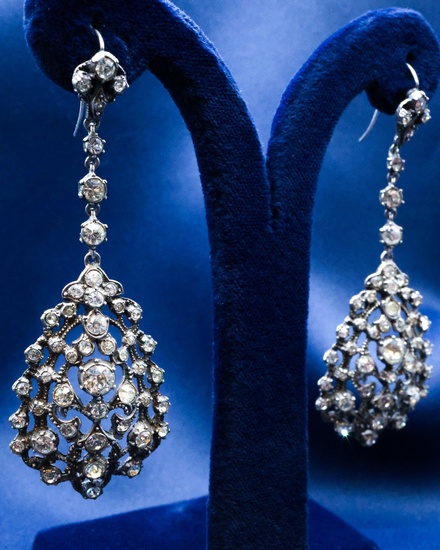 A fine pair of Silver (tested), and Paste, Filigree Drop Earrings, Continental Circa 1890