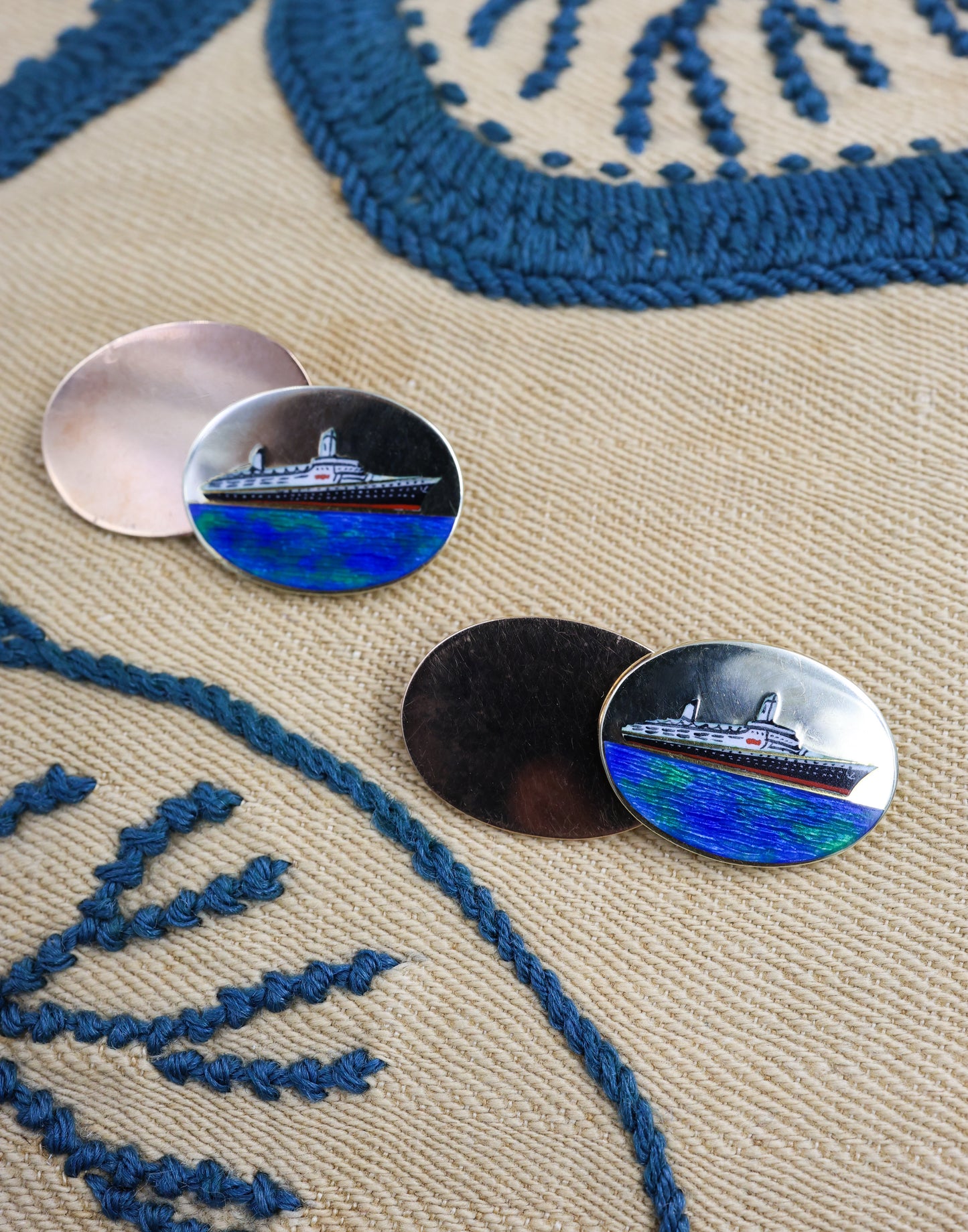 An extremely fine pair of oval 9ct Yellow Gold & Enamel Cufflinks celebrating the Queen Elizabeth II (Cunard), English, Circa 1969 - Robin Haydock Antique Jewellery