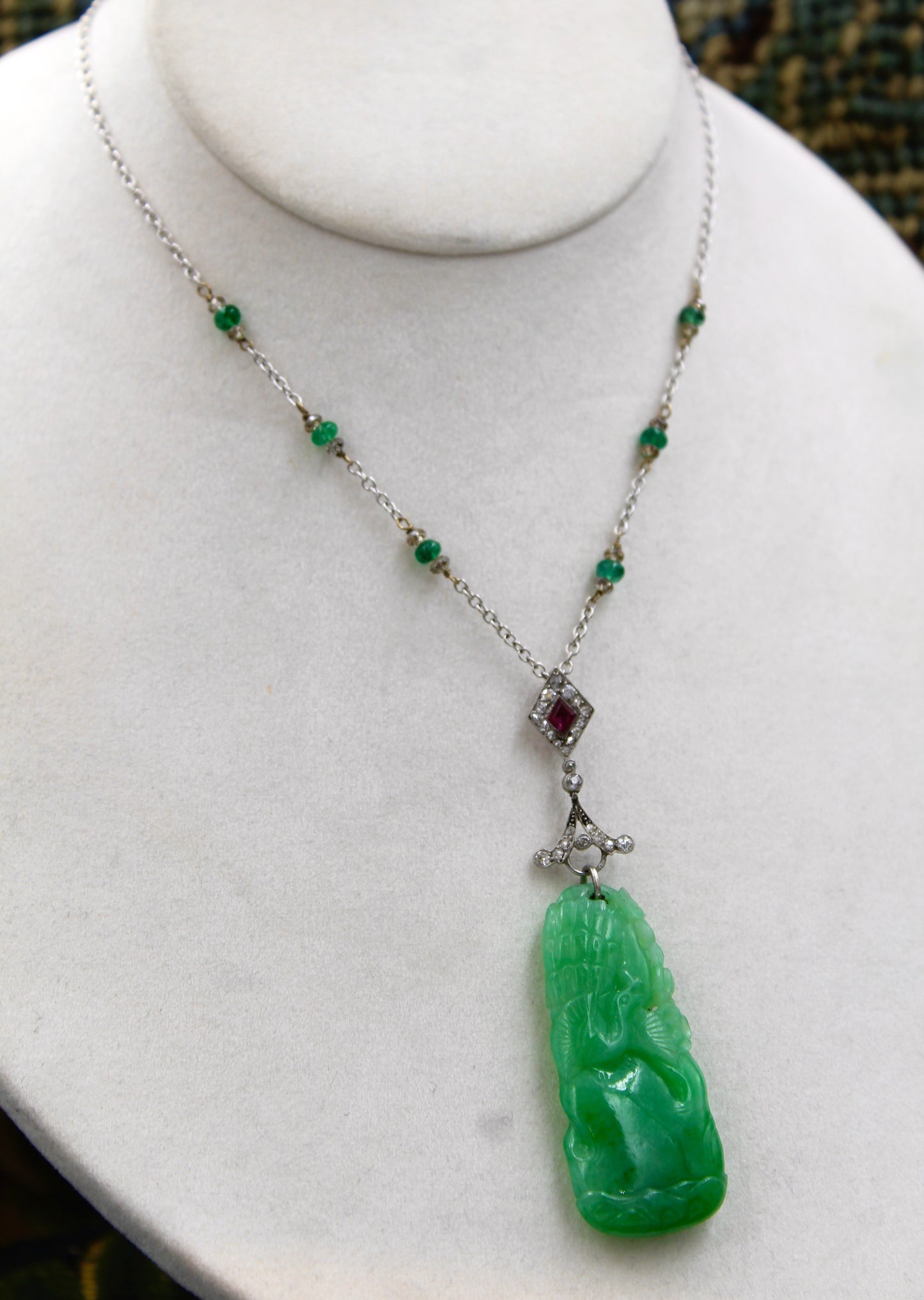 Platinum Jade, Ruby and Diamond Pendant Circa 1920-1930 - Robin Haydock Antiques