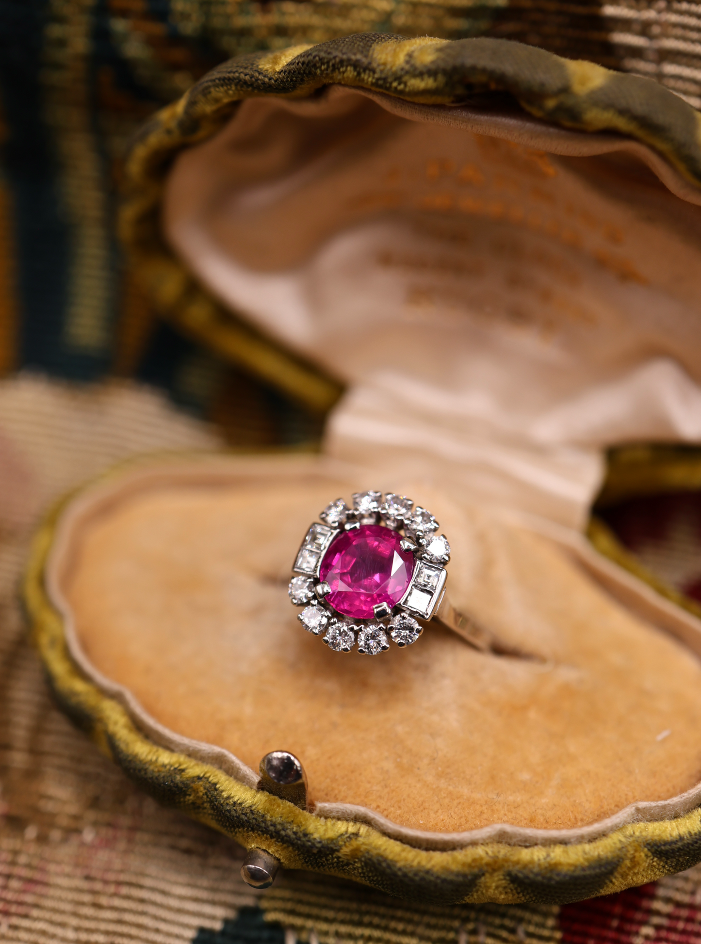 An extraordinary 2.30 Carat Natural Untreated Burmese Ruby & Diamond Cluster Ring in 18 ct. (stamped) White Gold. English, Circa 1970 - Robin Haydock Antiques