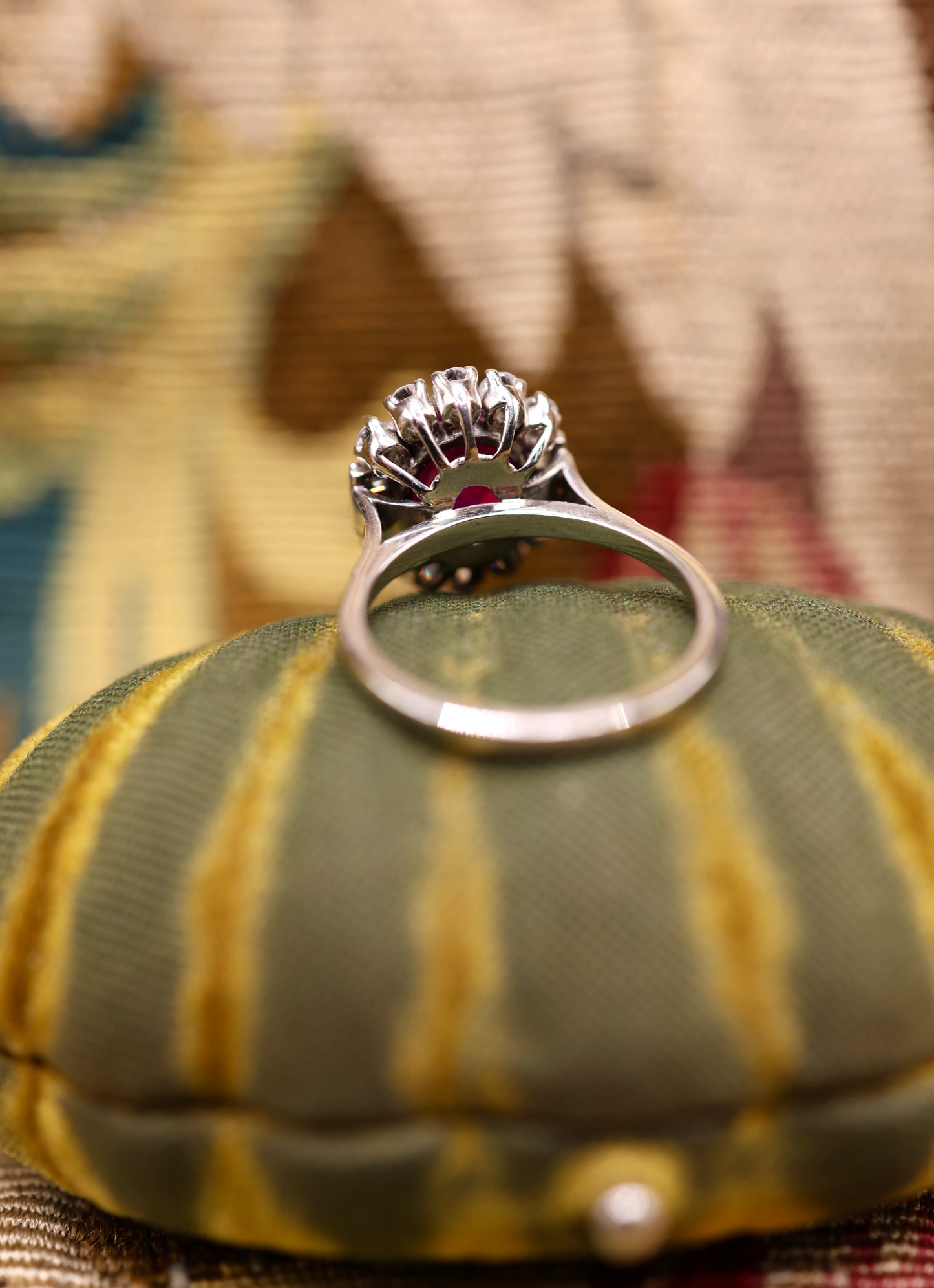 An extraordinary 2.30 Carat Natural Untreated Burmese Ruby & Diamond Cluster Ring in 18 ct. (stamped) White Gold. English, Circa 1970 - Robin Haydock Antiques