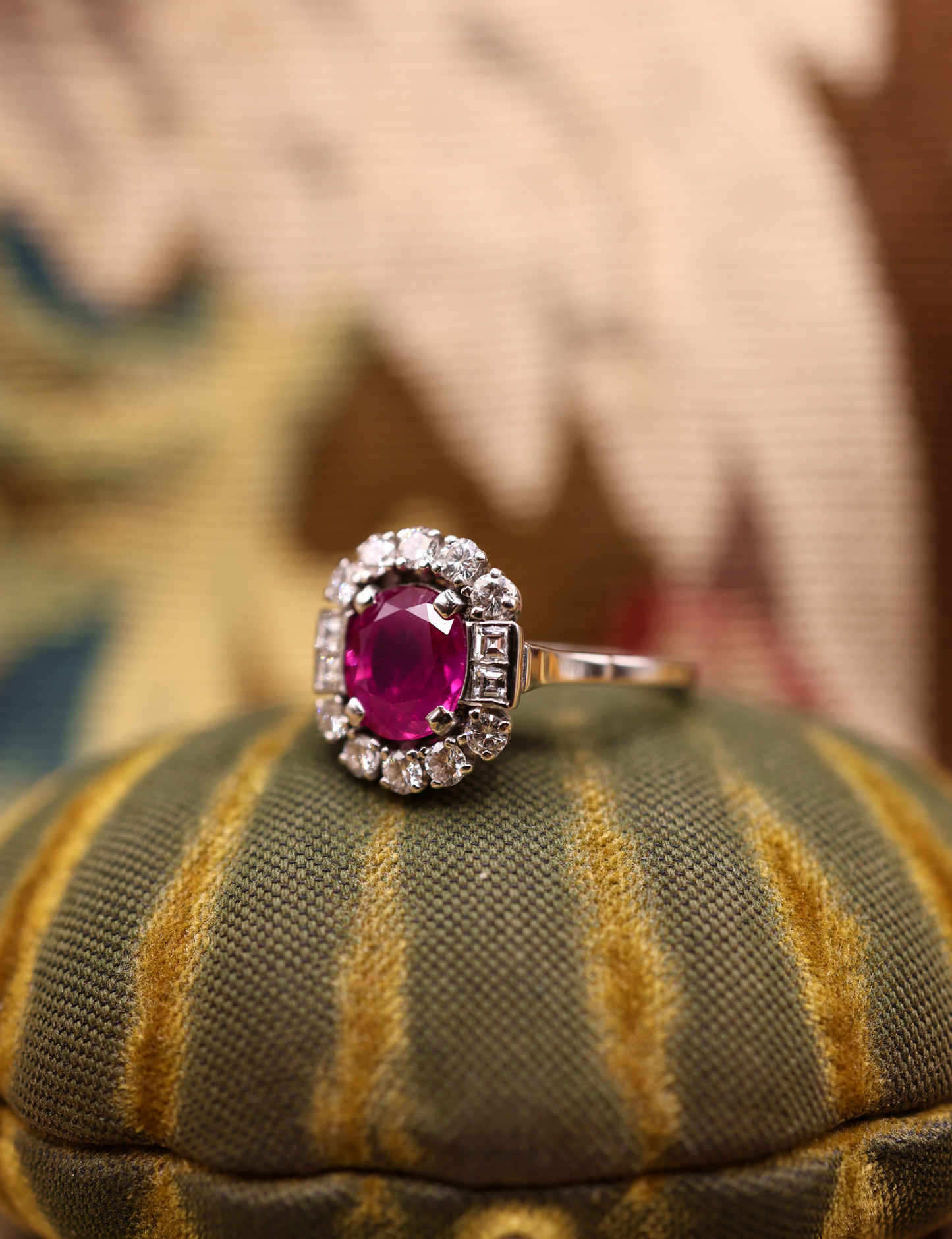 An extraordinary 2.30 Carat Natural Untreated Burmese Ruby & Diamond Cluster Ring in 18 ct. (stamped) White Gold. English, Circa 1970 - Robin Haydock Antiques