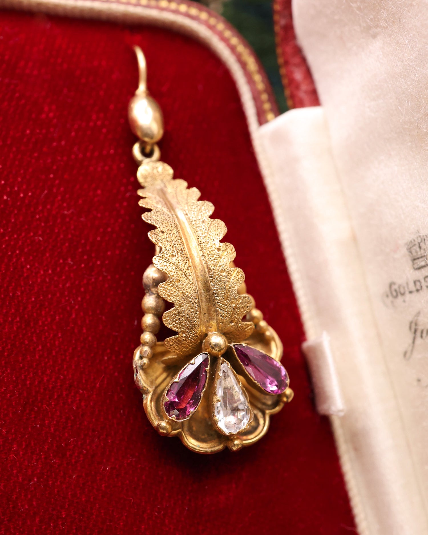 A fine pair of 15 ct. Yellow Gold Almandine Garnet & Crystal Foliate style, Pendant Earrings. English. Circa 1860 - Robin Haydock Antique Jewellery