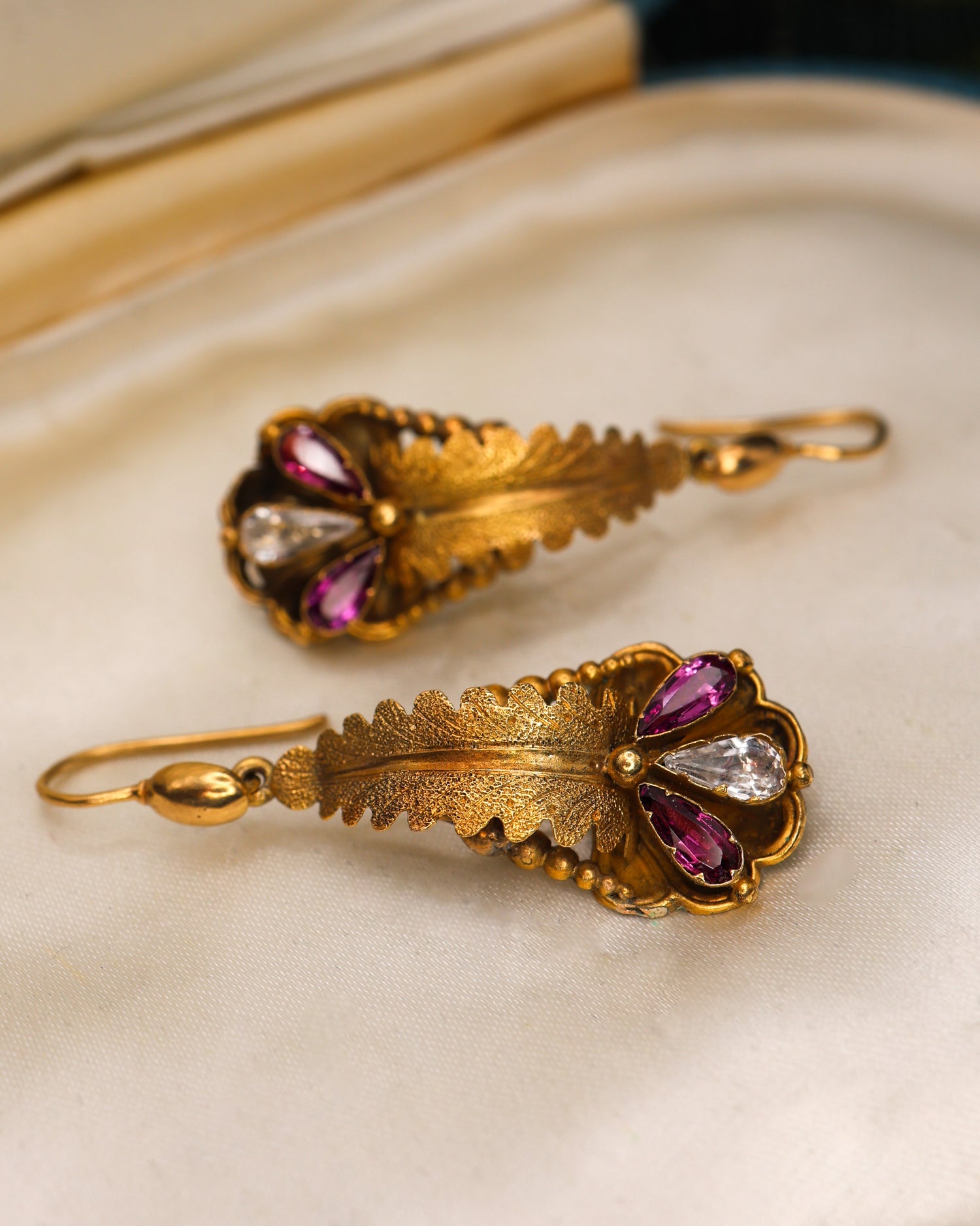 A fine pair of 15 ct. Yellow Gold Almandine Garnet & Crystal Foliate style, Pendant Earrings. English. Circa 1860 - Robin Haydock Antique Jewellery