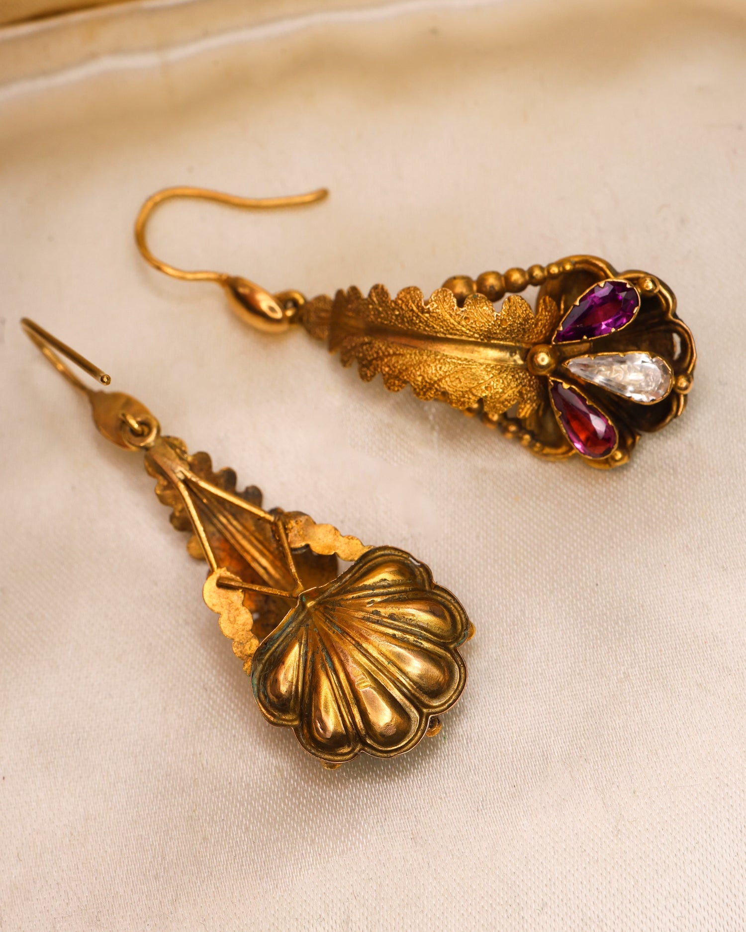 A fine pair of 15 ct. Yellow Gold Almandine Garnet & Crystal Foliate style, Pendant Earrings. English. Circa 1860 - Robin Haydock Antique Jewellery